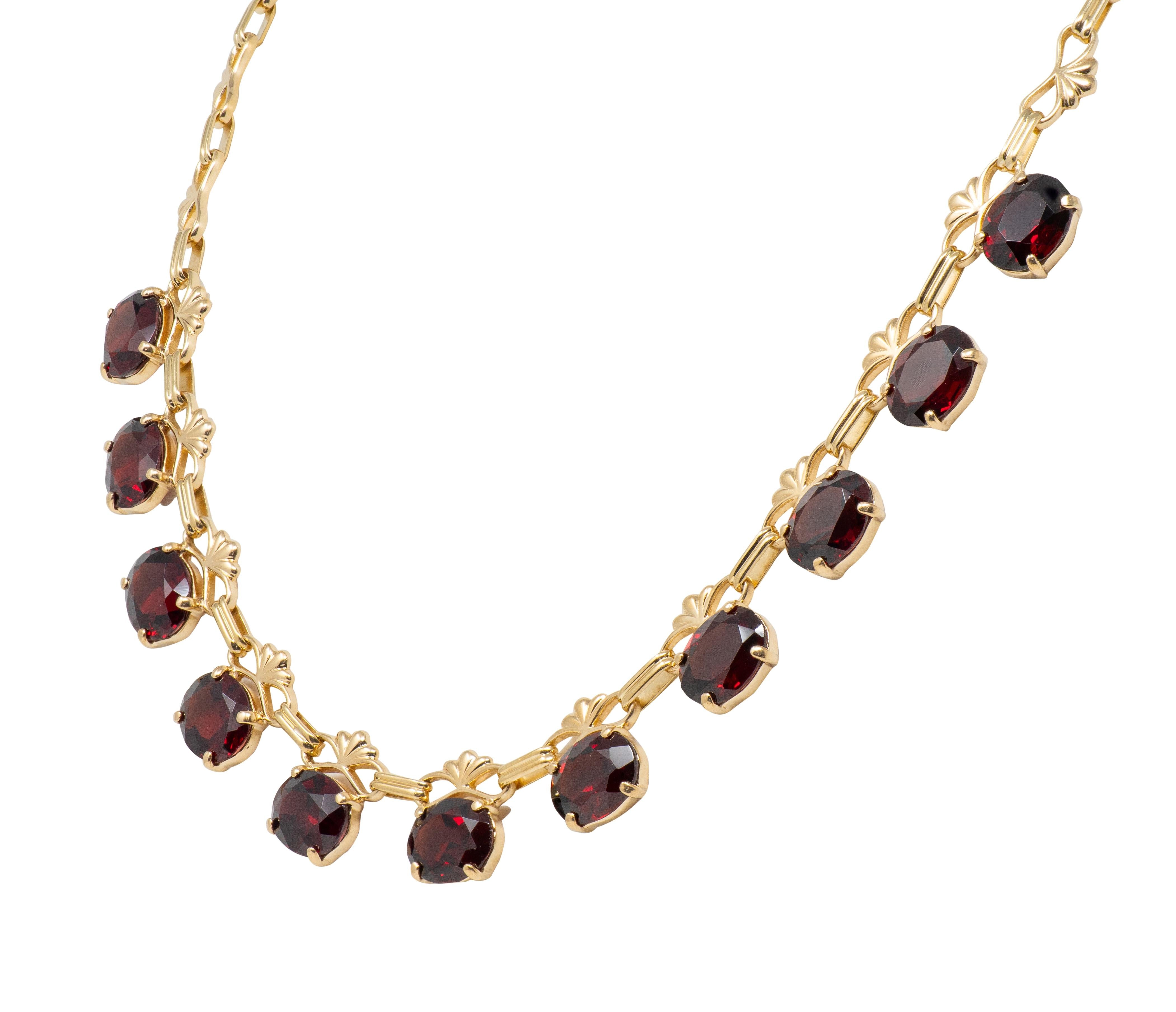 Vintage 1940's Garnet 14 Karat Yellow Gold Antique Fringe Station Necklace