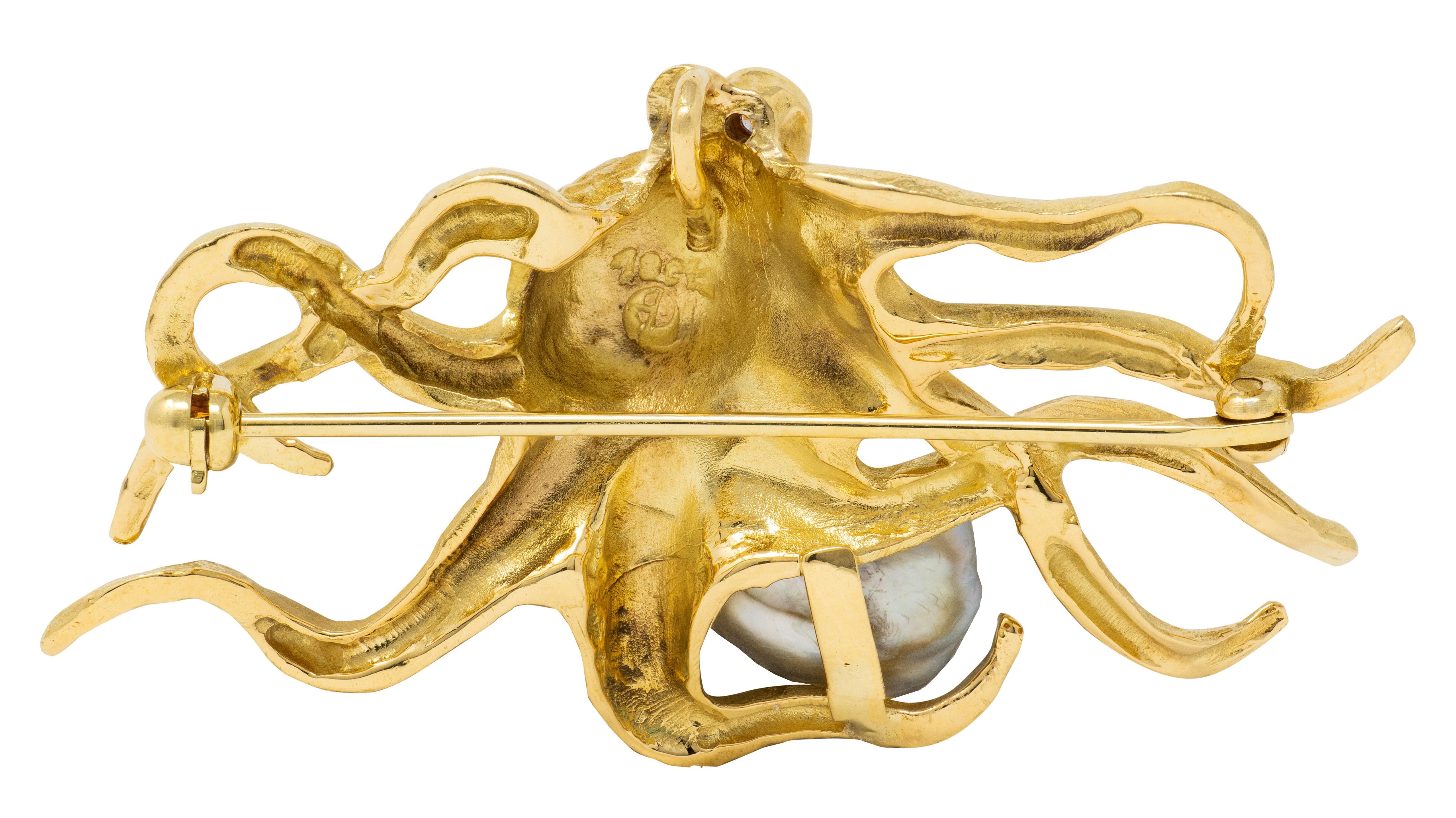 2000's Pearl Diamond 18 Karat Yellow Gold Octopus Pendant Brooch
