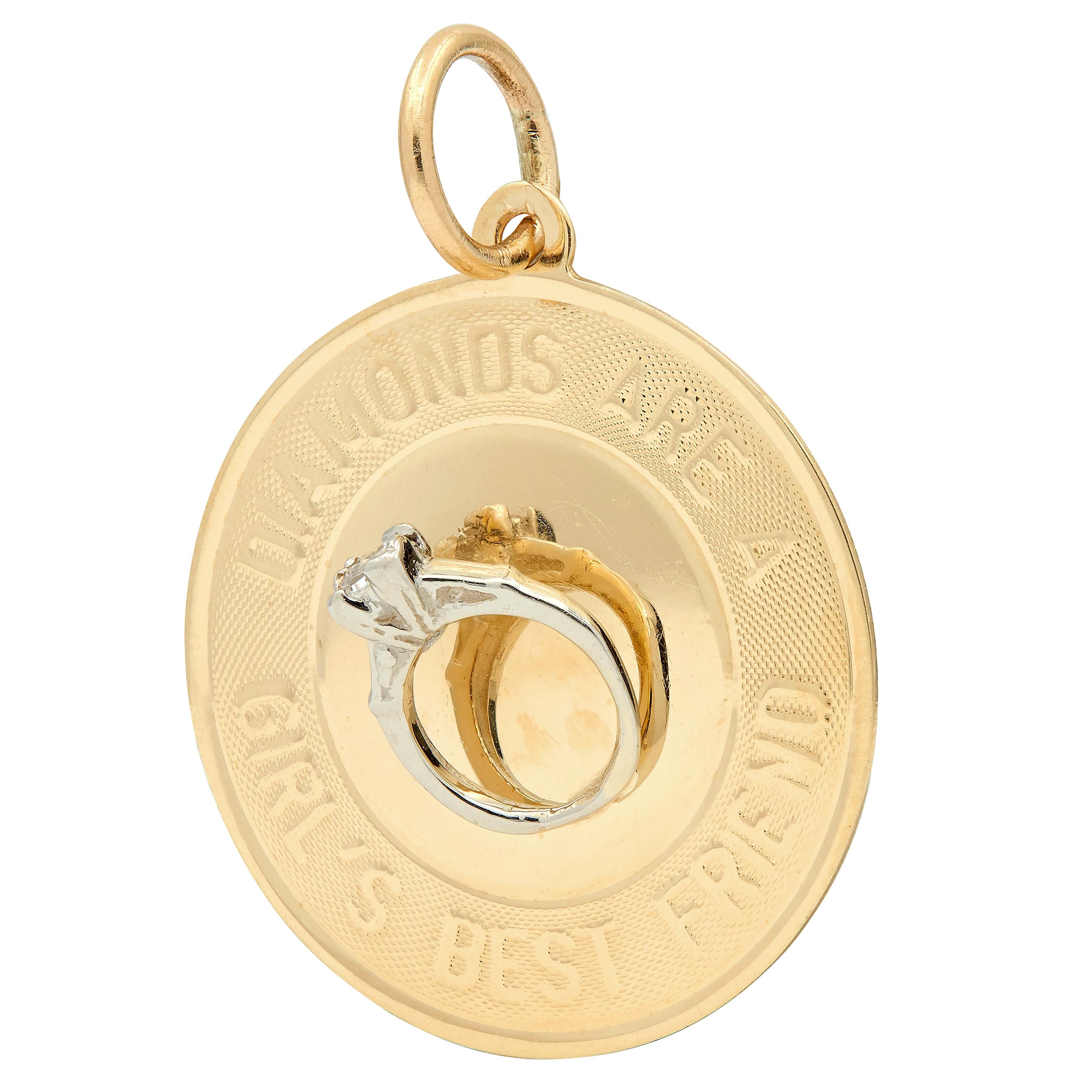 1950's 14 Karat Two-Tone Gold Diamonds Are A Girls Best Friend Pendant Charm