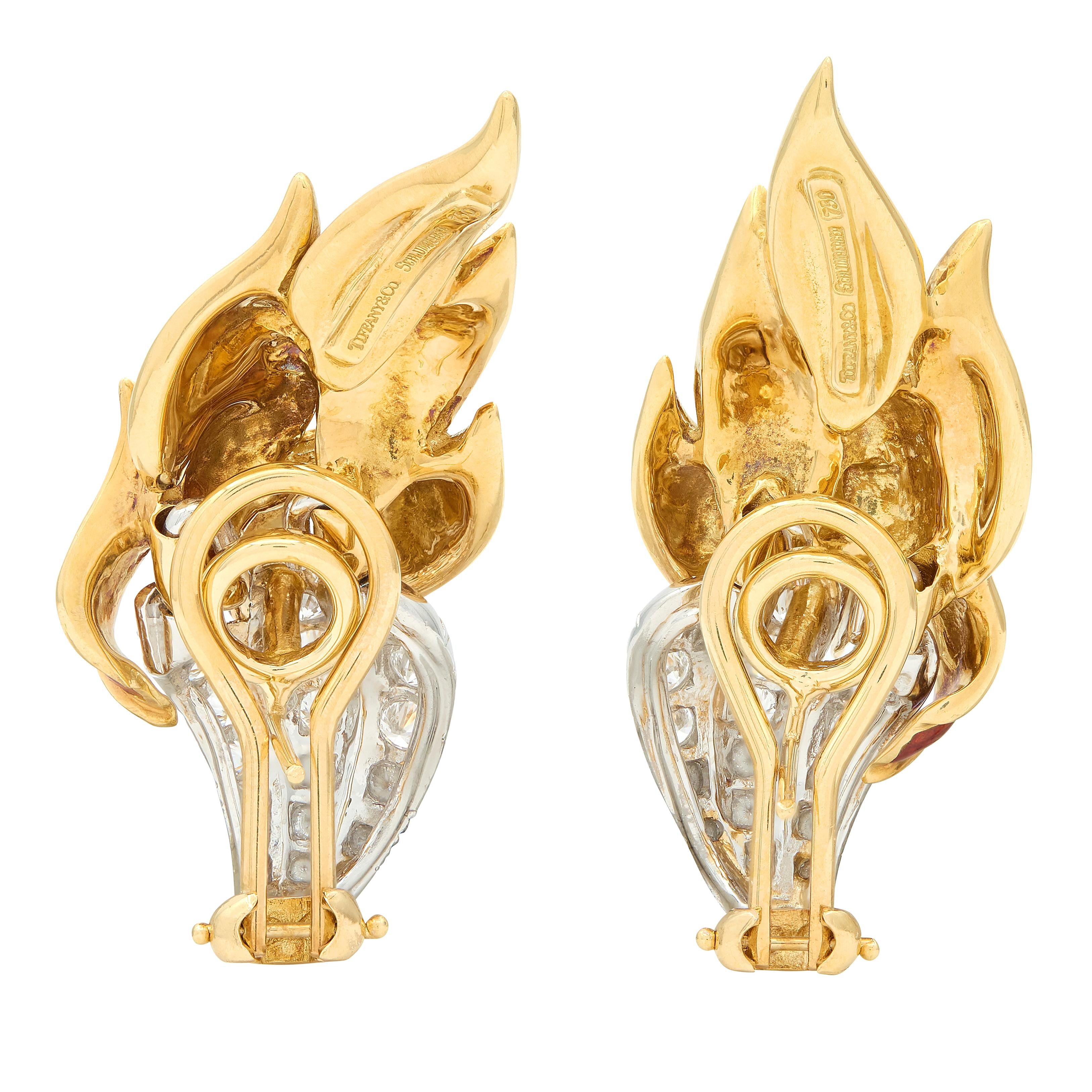 Tiffany & Co. Schlumberger Diamond Enamel Platinum 18K Gold Flame Earrings
