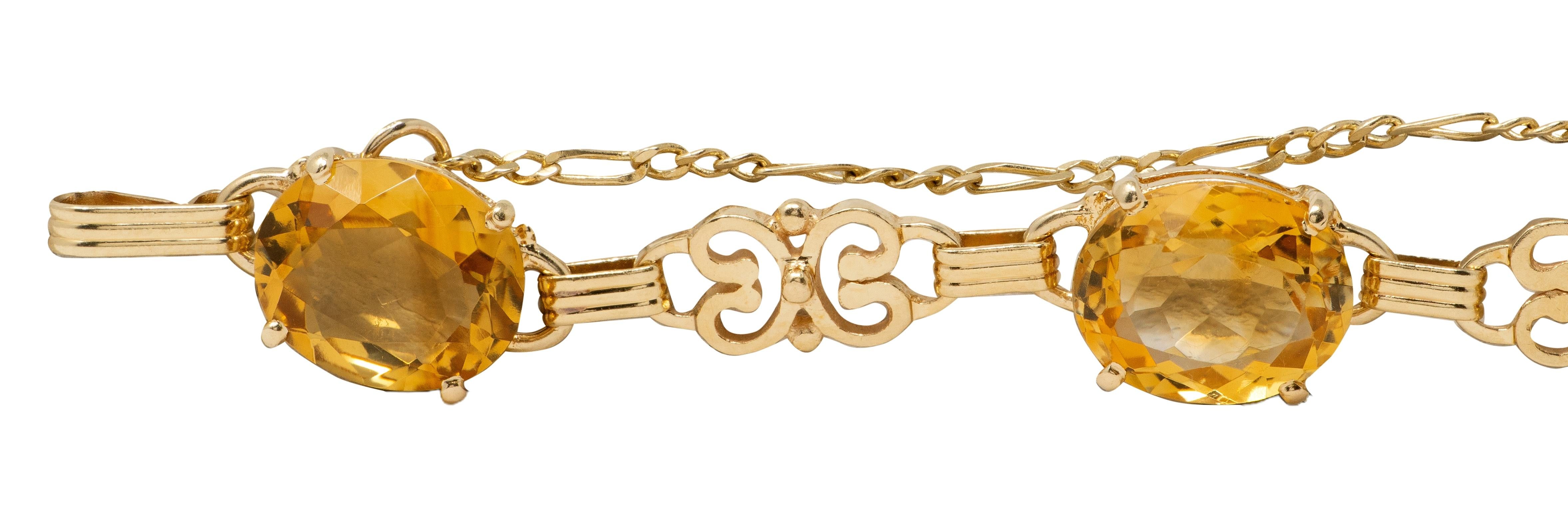 Retro Citrine 14 Karat Yellow Gold Vintage Scroll Link Bracelet
