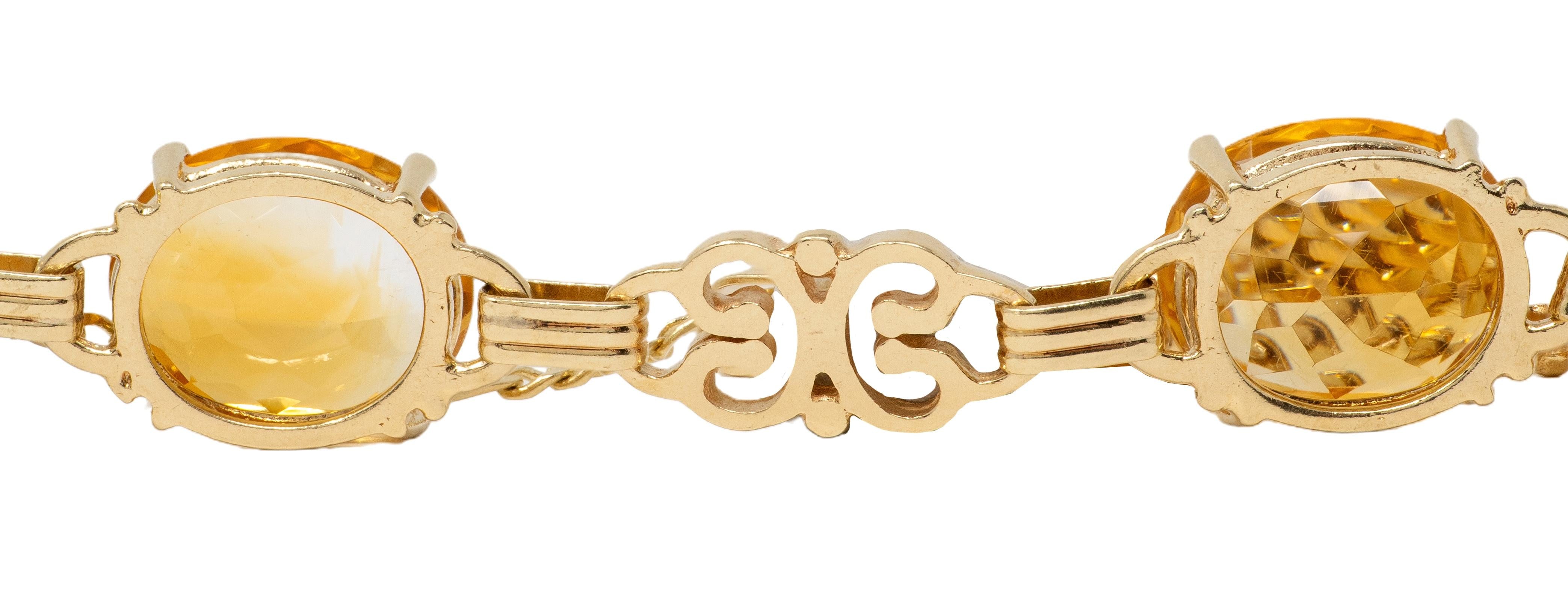 Retro Citrine 14 Karat Yellow Gold Vintage Scroll Link Bracelet