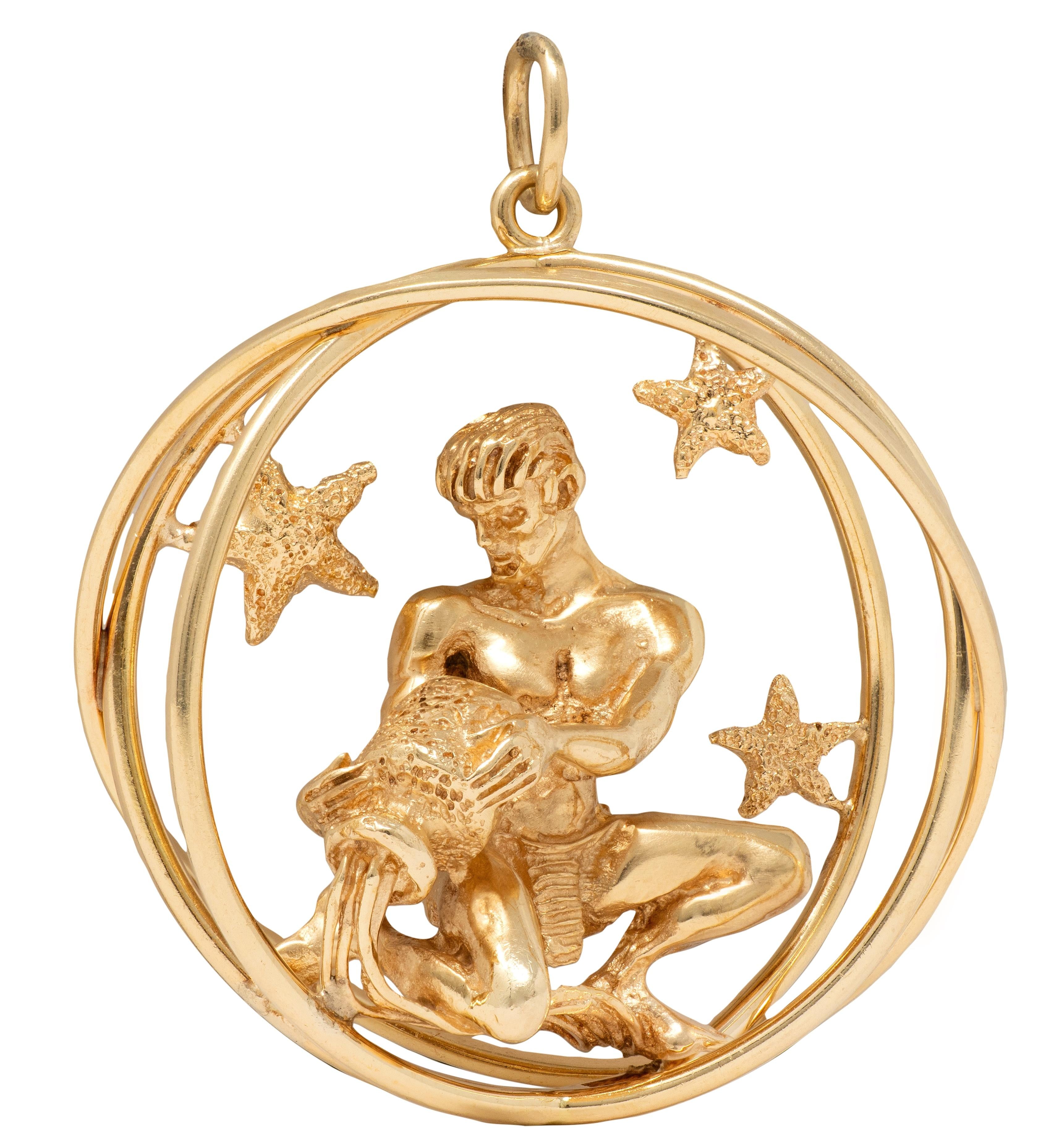 Ruser 1970's 14 Karat Yellow Gold Vintage Aquarius Zodiac Pendant
