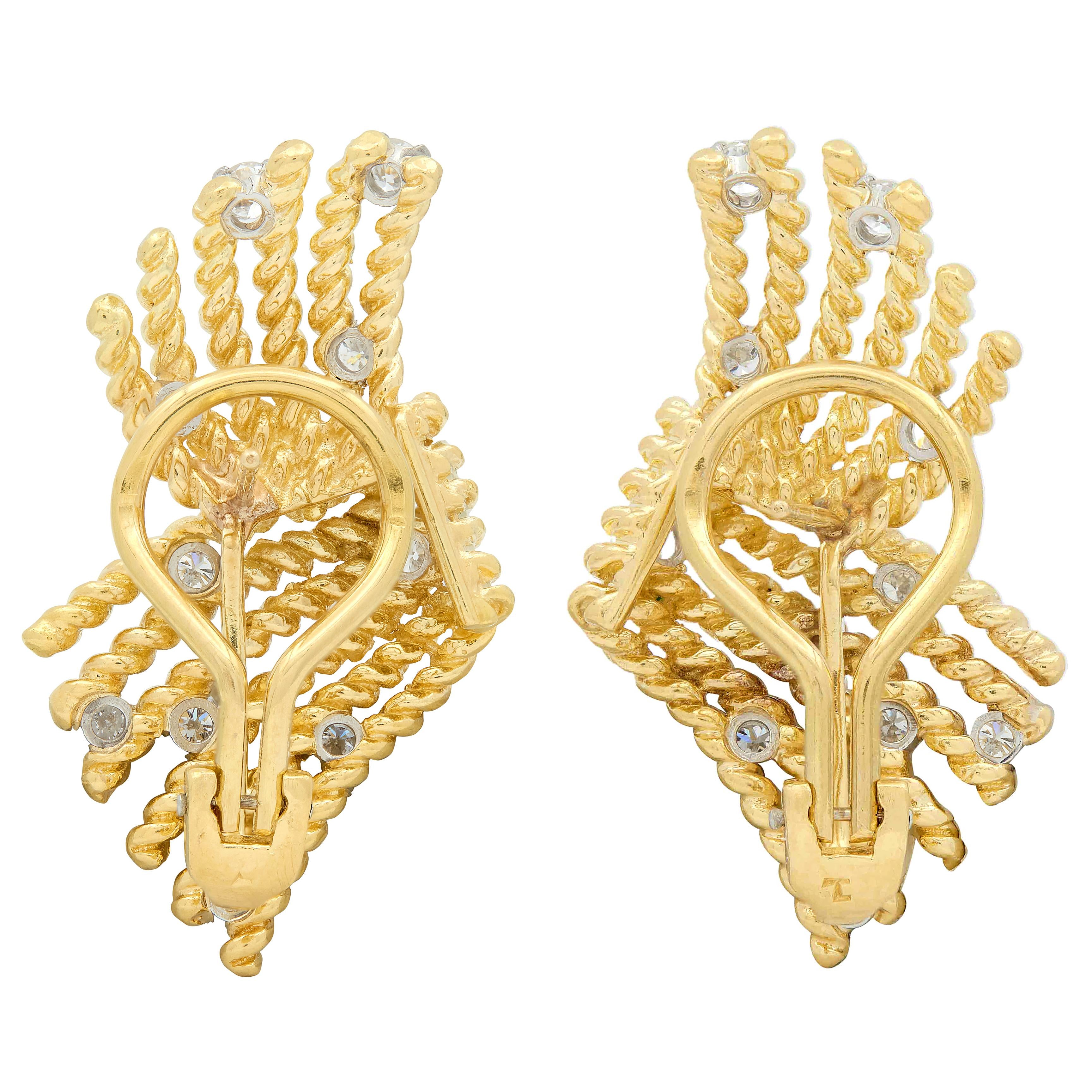 Tiffany & Co. Schlumberger Diamond 18K Yellow Gold V-Rope Fanning Earrings