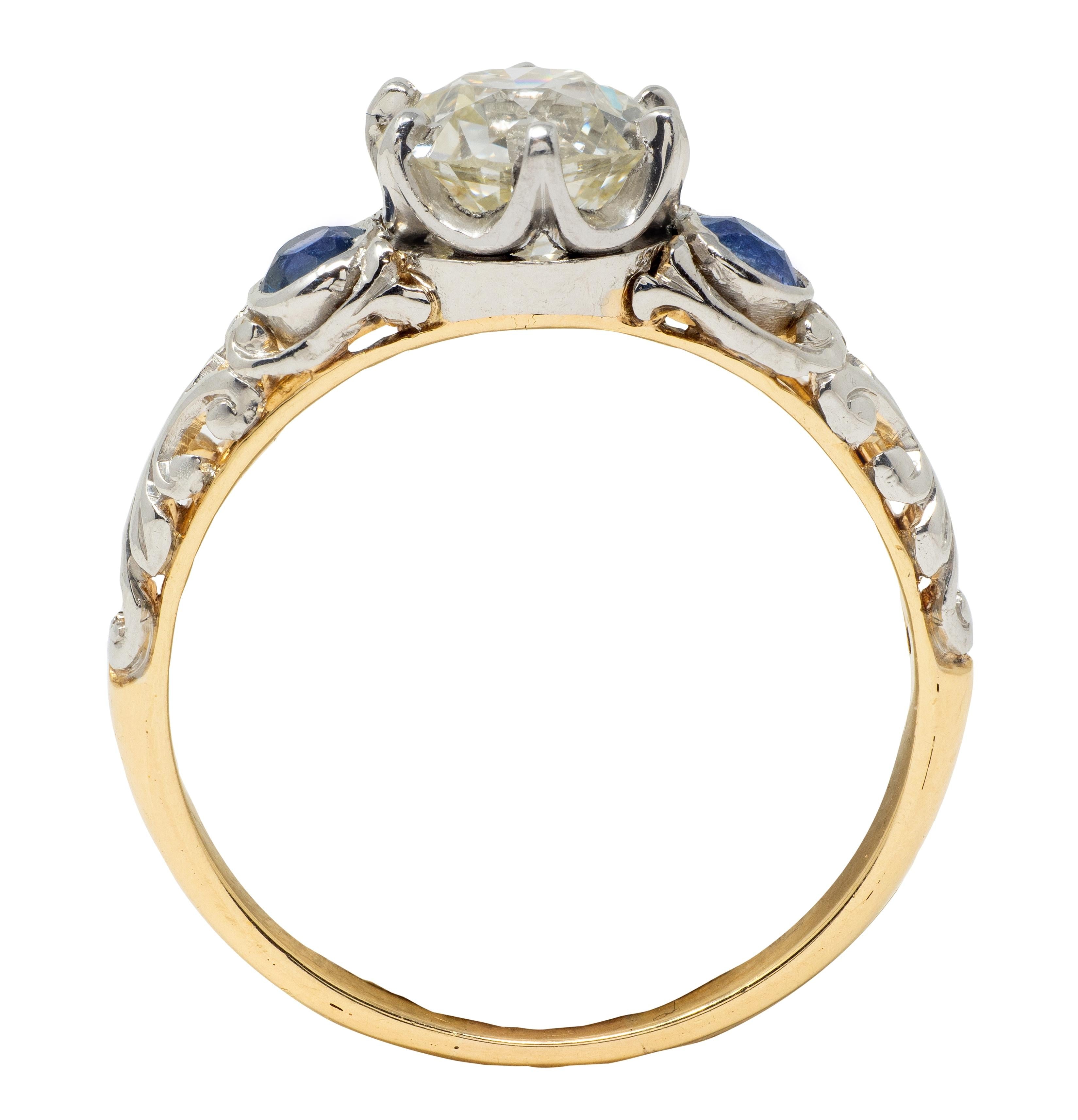 Edwardian European Diamond Sapphire Platinum 18K Antique Engagement Ring