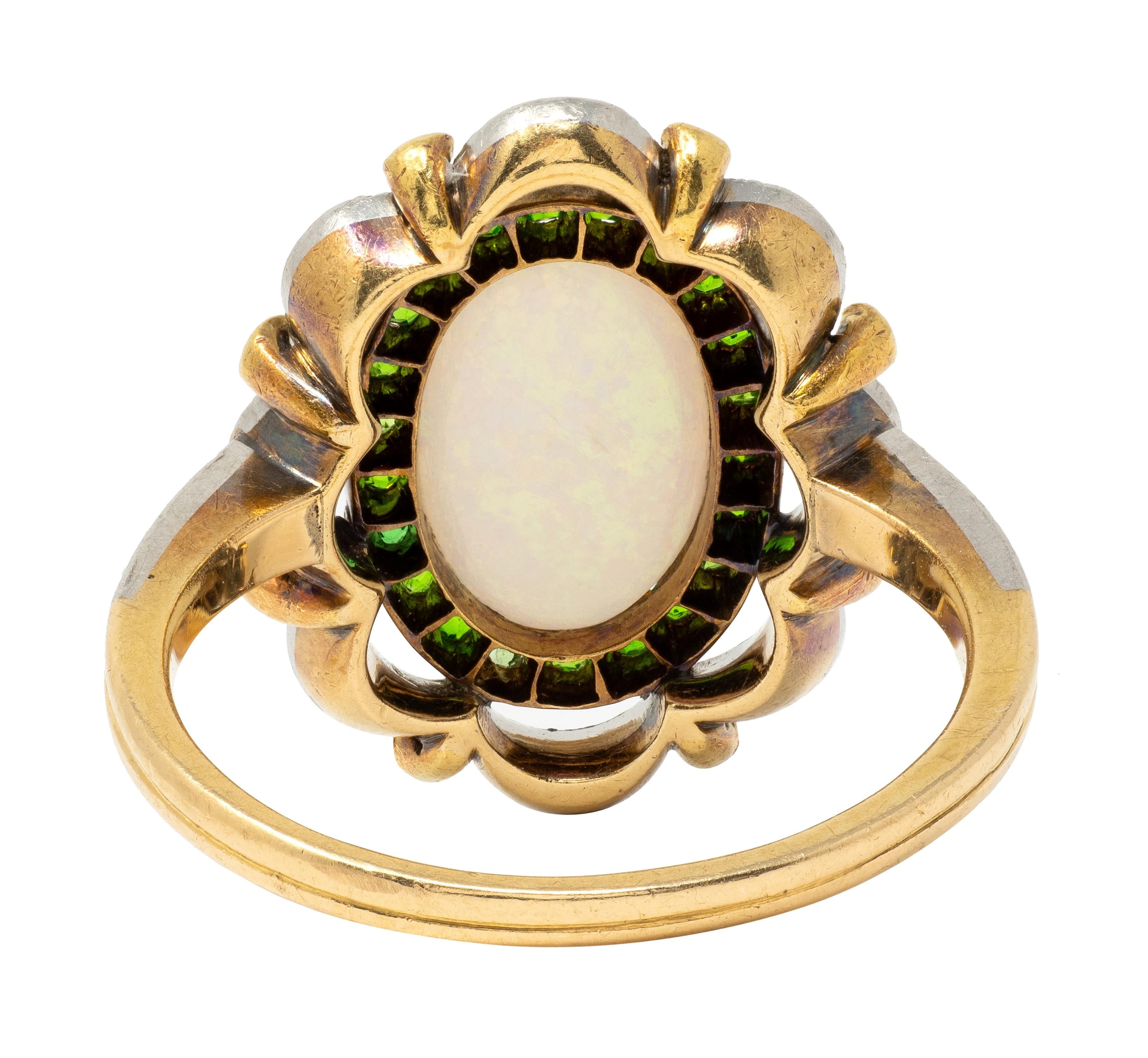 Edwardian Opal Diamond Demantoid Garnet Platinum 18K Gold Antique Cluster Ring