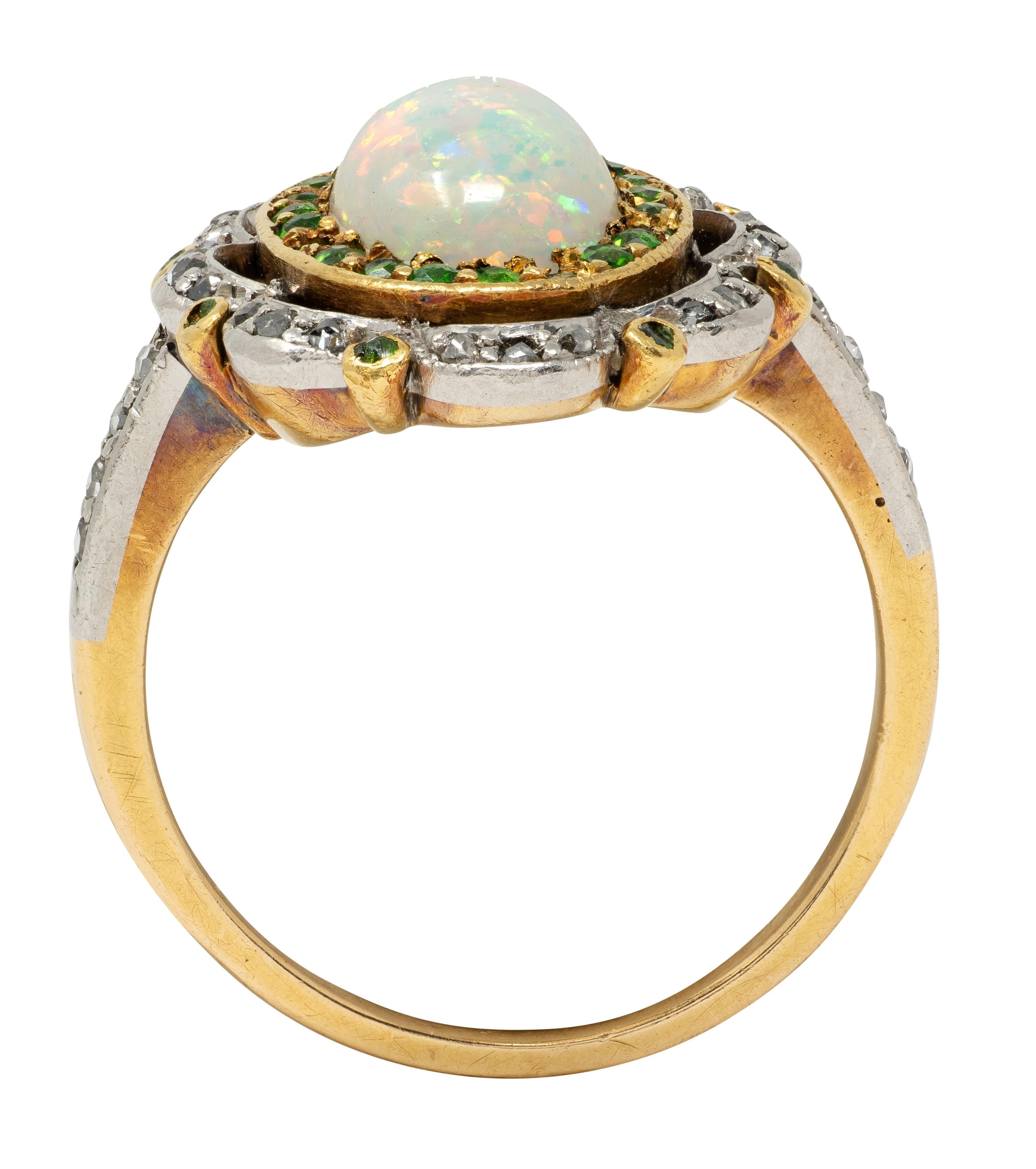 Edwardian Opal Diamond Demantoid Garnet Platinum 18K Gold Antique Cluster Ring