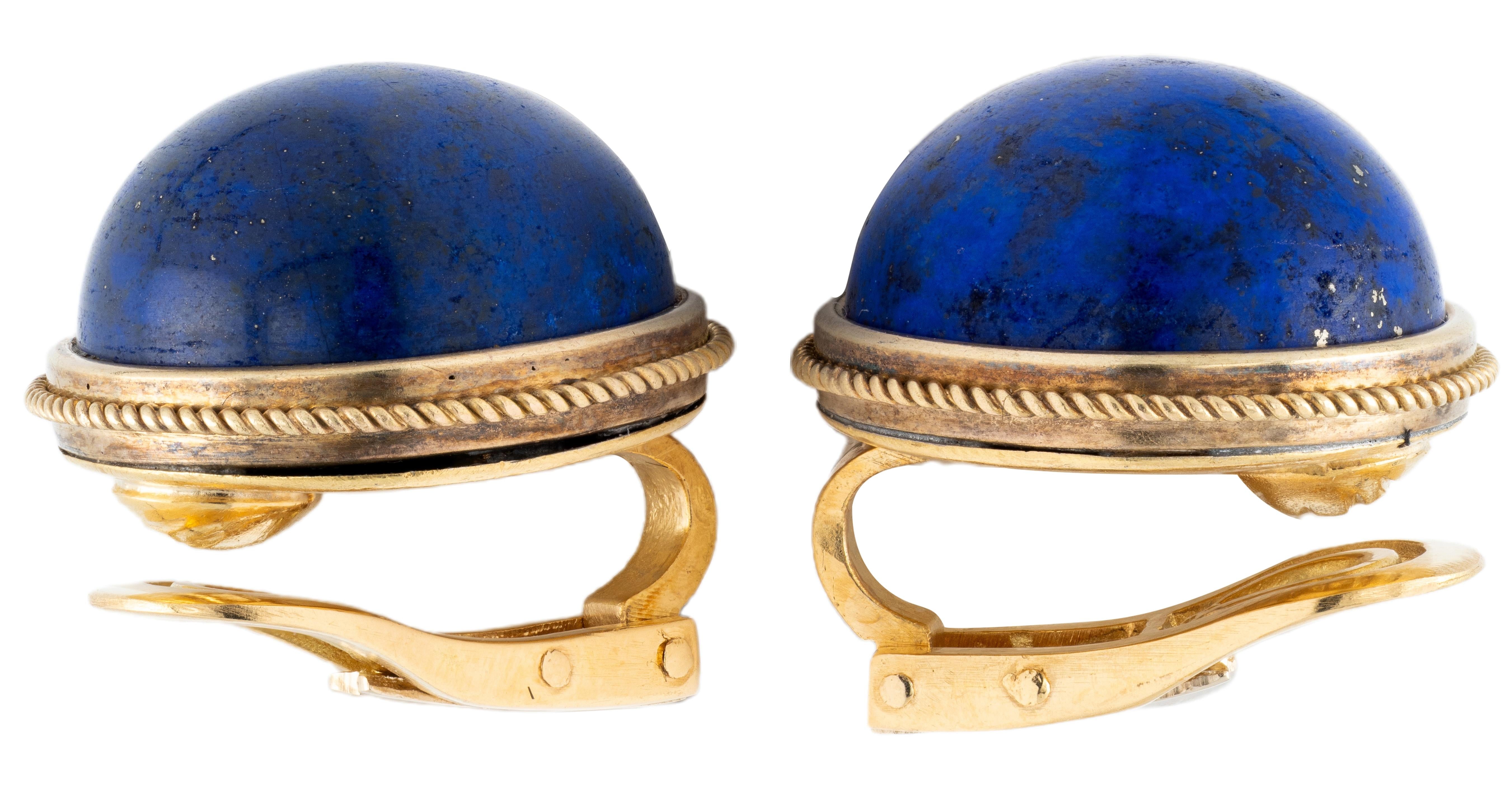 1960's Lapis Lazuli 14 Karat Yellow Gold Vintage Button Ear-Clip Earrings