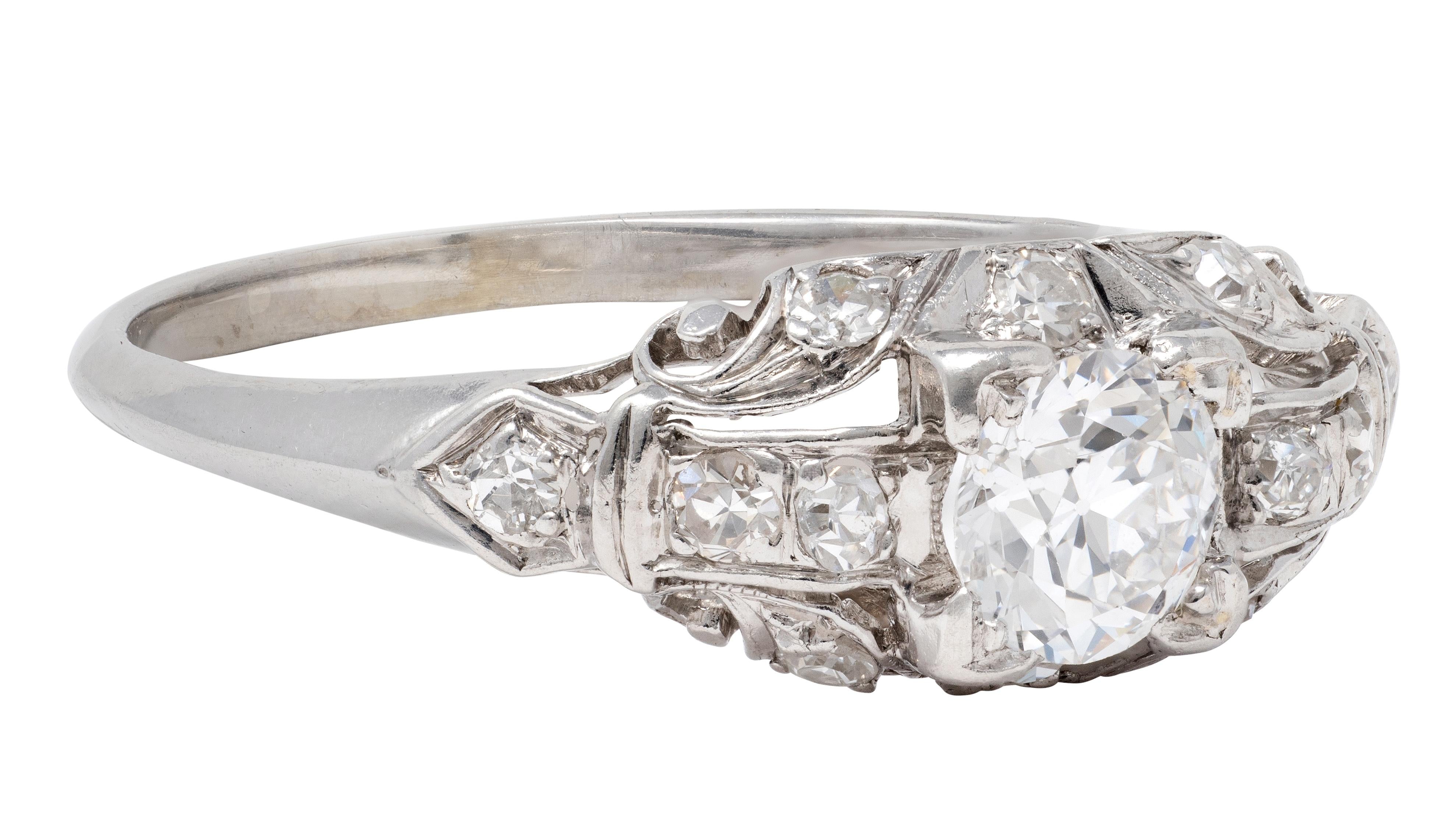 Art Deco Old European Diamond 18K Gold Vintage Scrolling Leaf Engagement Ring