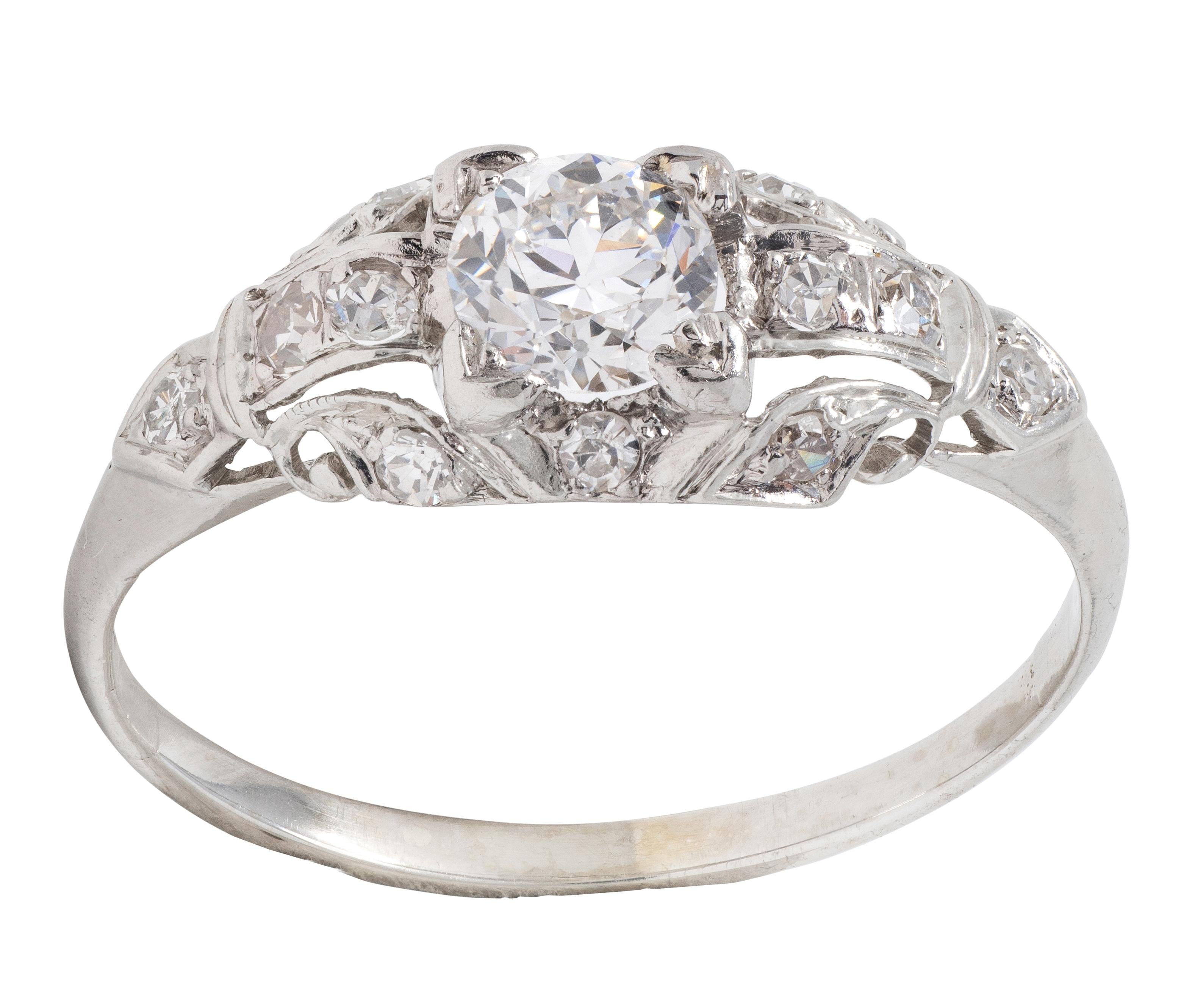 Art Deco Old European Diamond 18K Gold Vintage Scrolling Leaf Engagement Ring