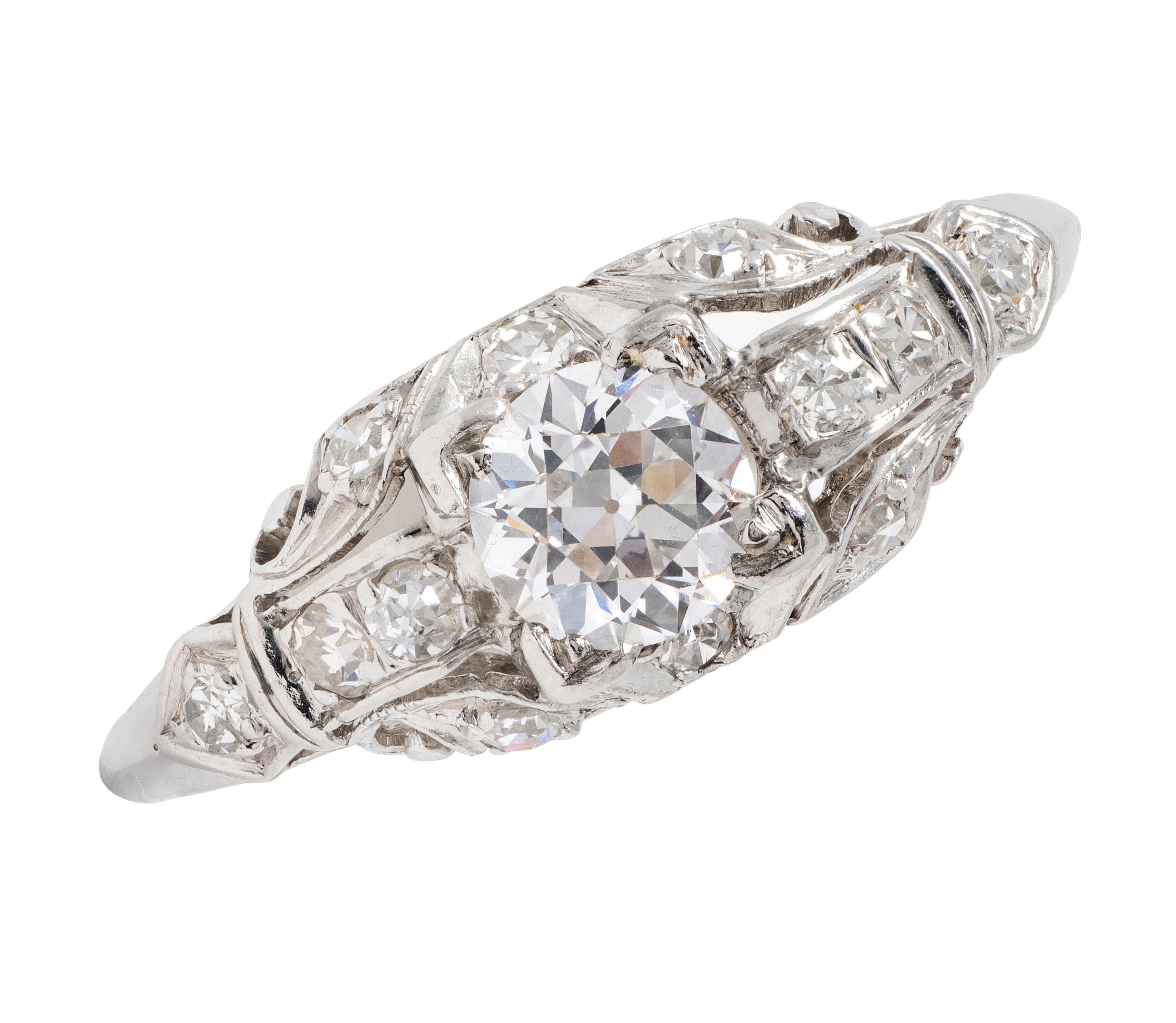 Art Deco Old European Diamond 18K Gold Vintage Scrolling Leaf Engagement Ring