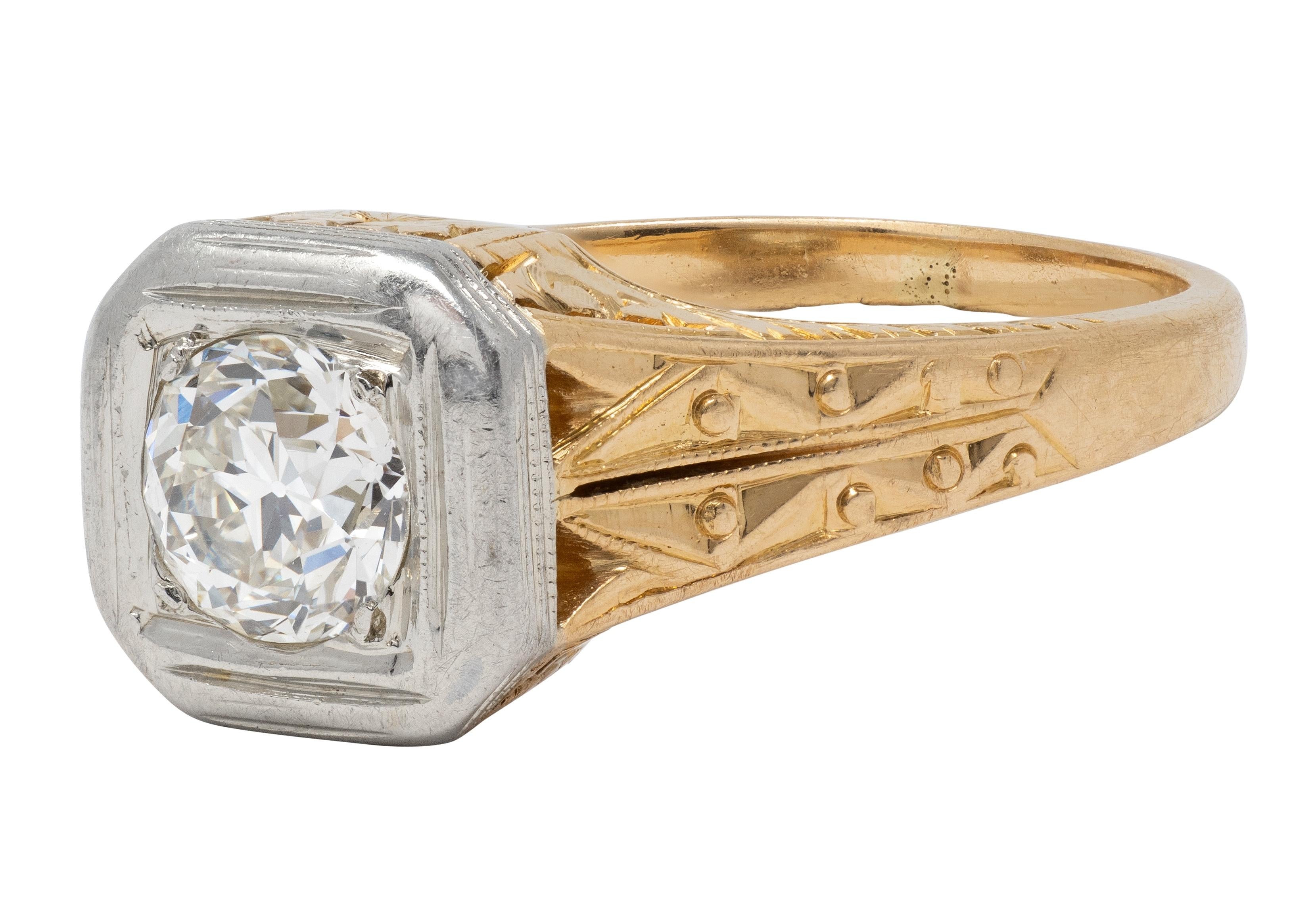 Art Deco Old European Cut Diamond 18K Gold Vintage Foliate Engagement Ring