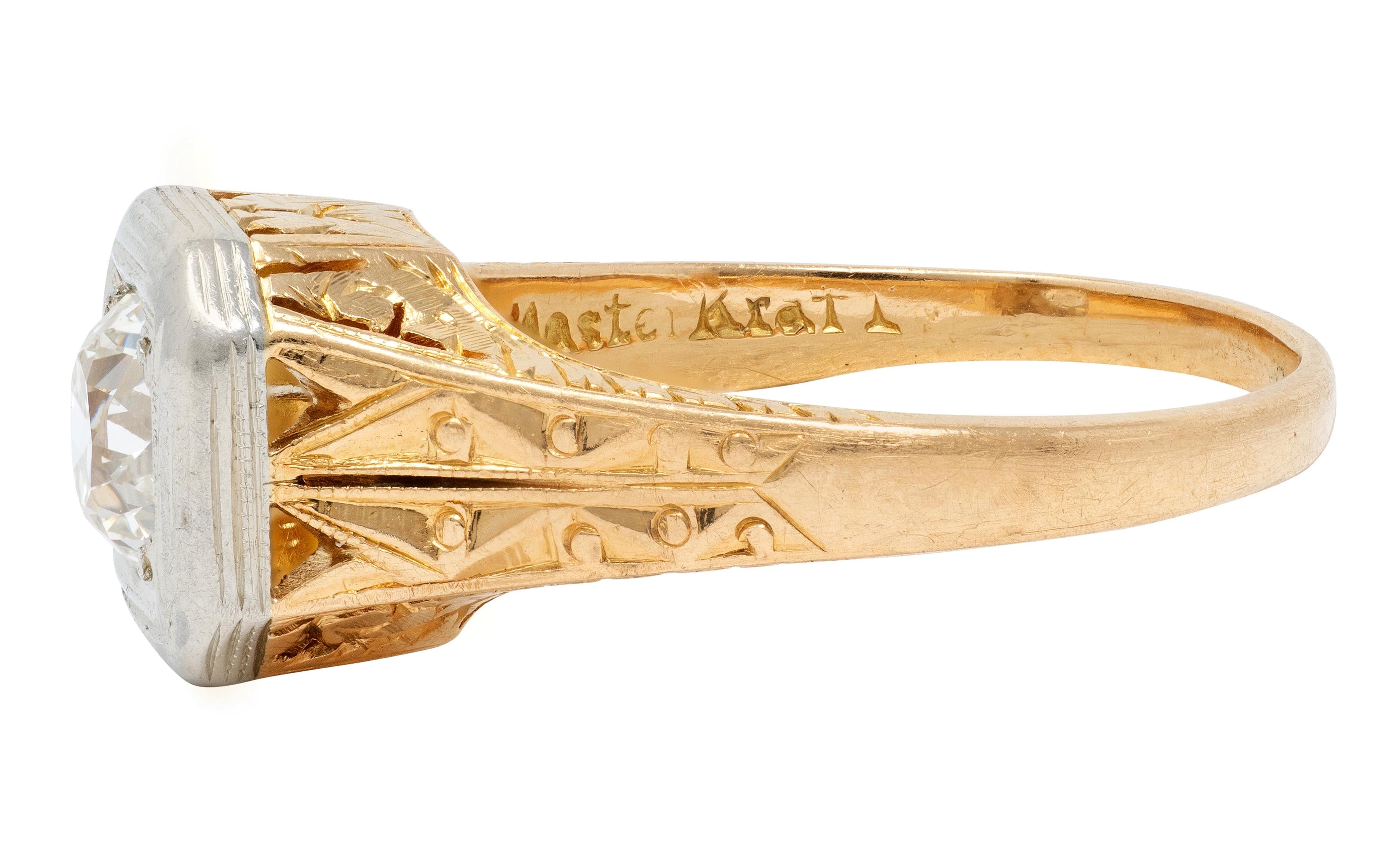 Art Deco Old European Cut Diamond 18K Gold Vintage Foliate Engagement Ring