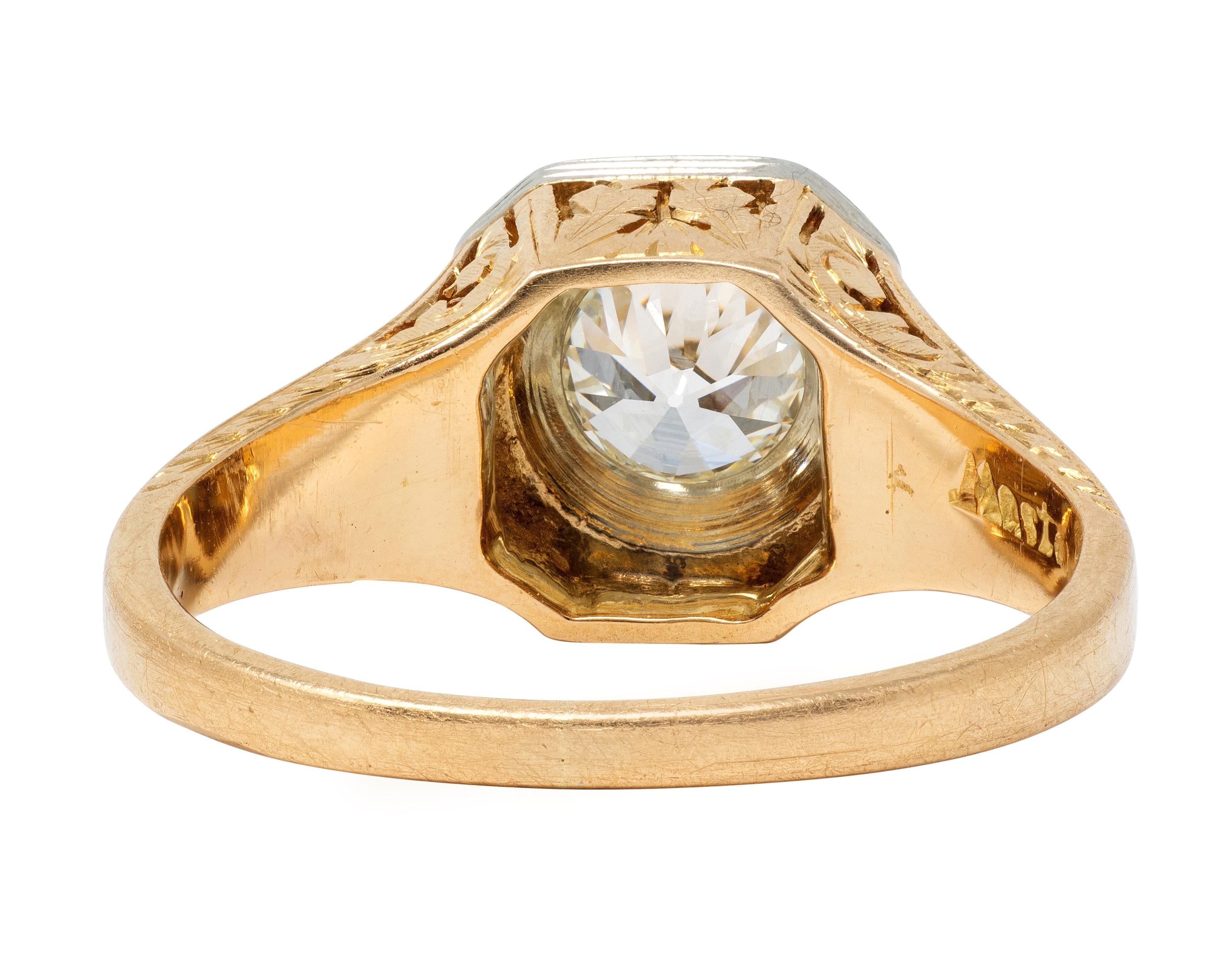 Art Deco Old European Cut Diamond 18K Gold Vintage Foliate Engagement Ring