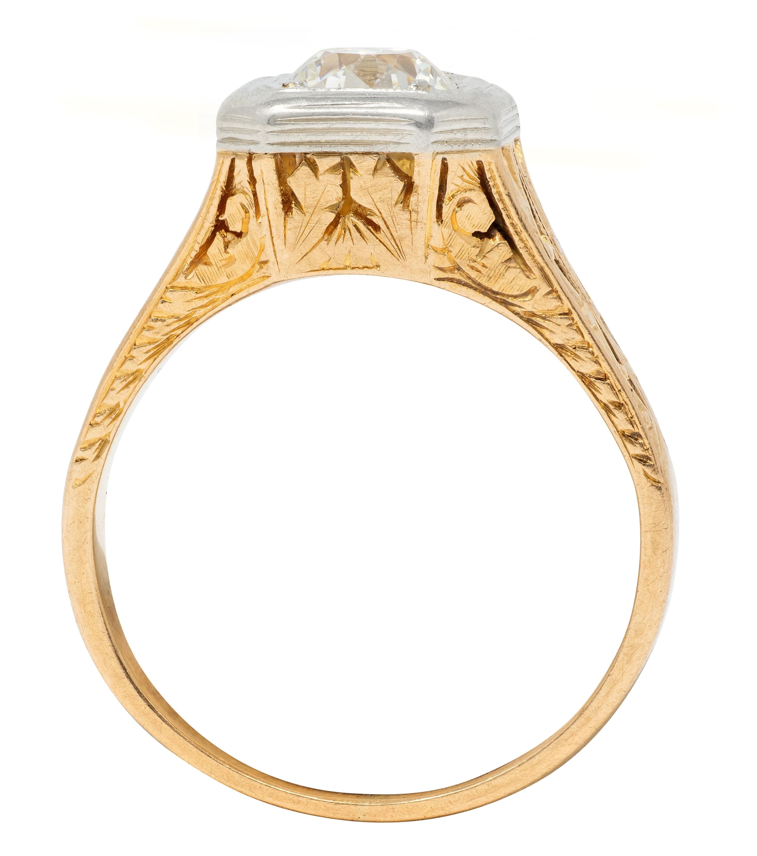 Art Deco Old European Cut Diamond 18K Gold Vintage Foliate Engagement Ring