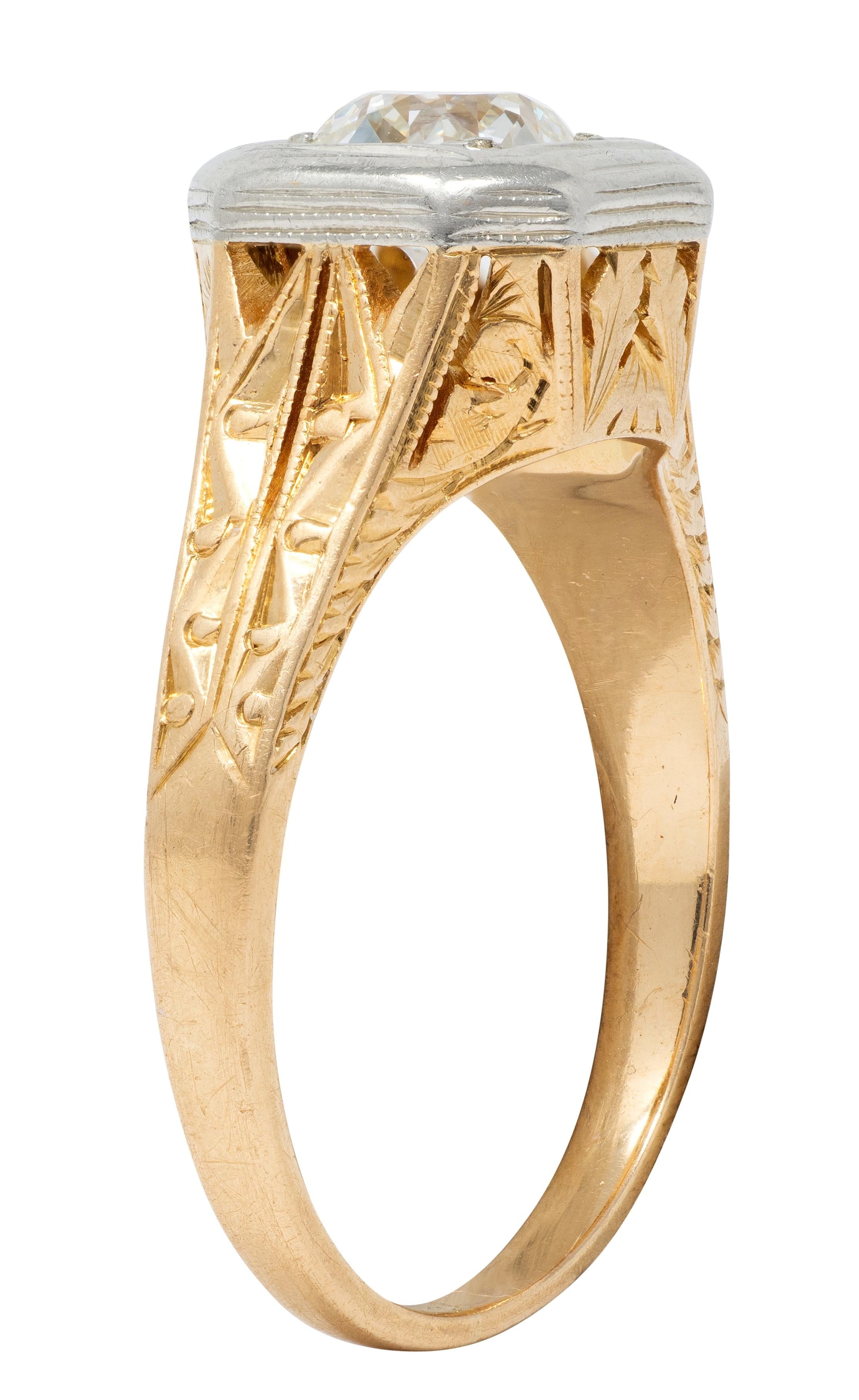 Art Deco Old European Cut Diamond 18K Gold Vintage Foliate Engagement Ring