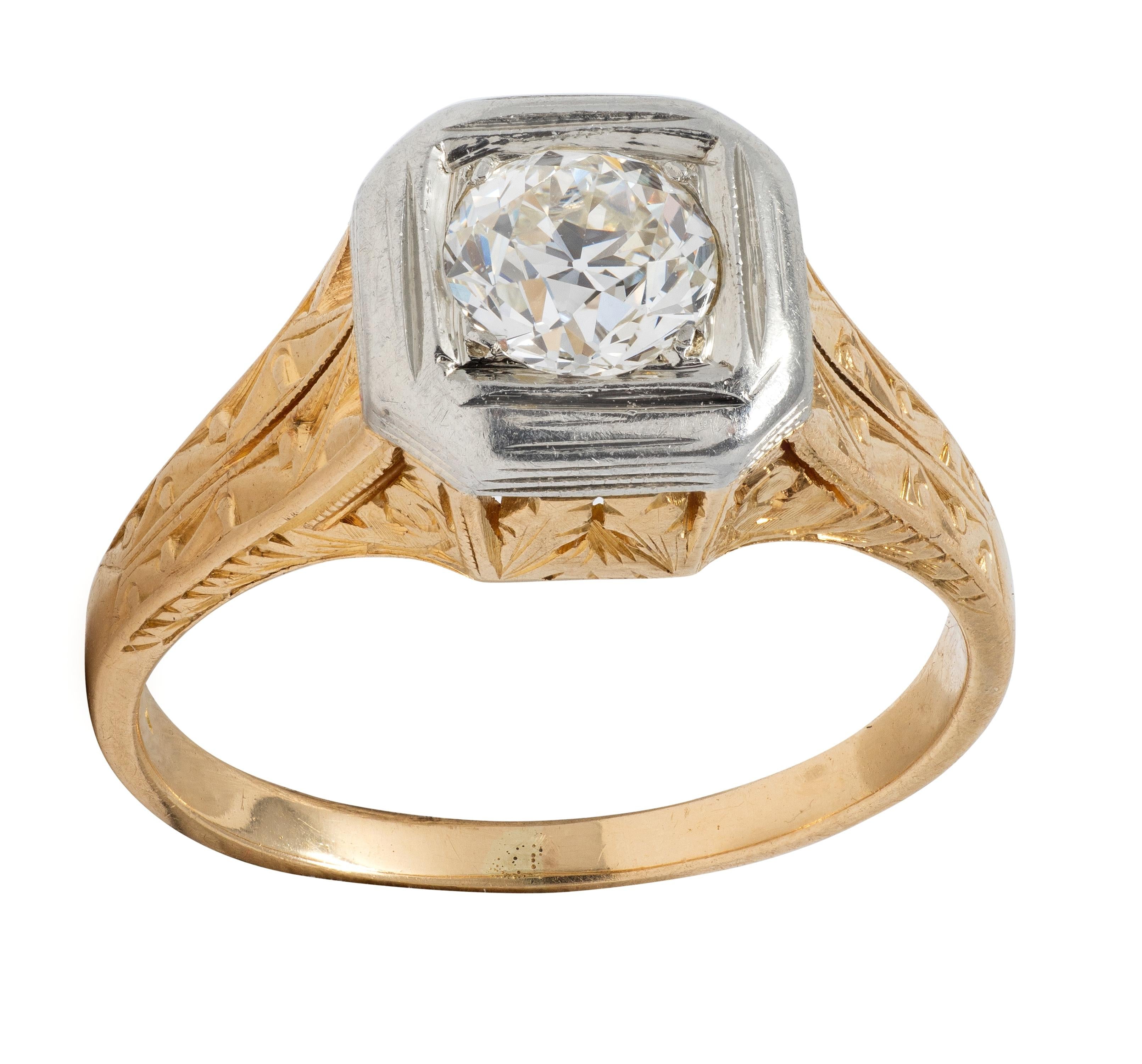 Art Deco Old European Cut Diamond 18K Gold Vintage Foliate Engagement Ring