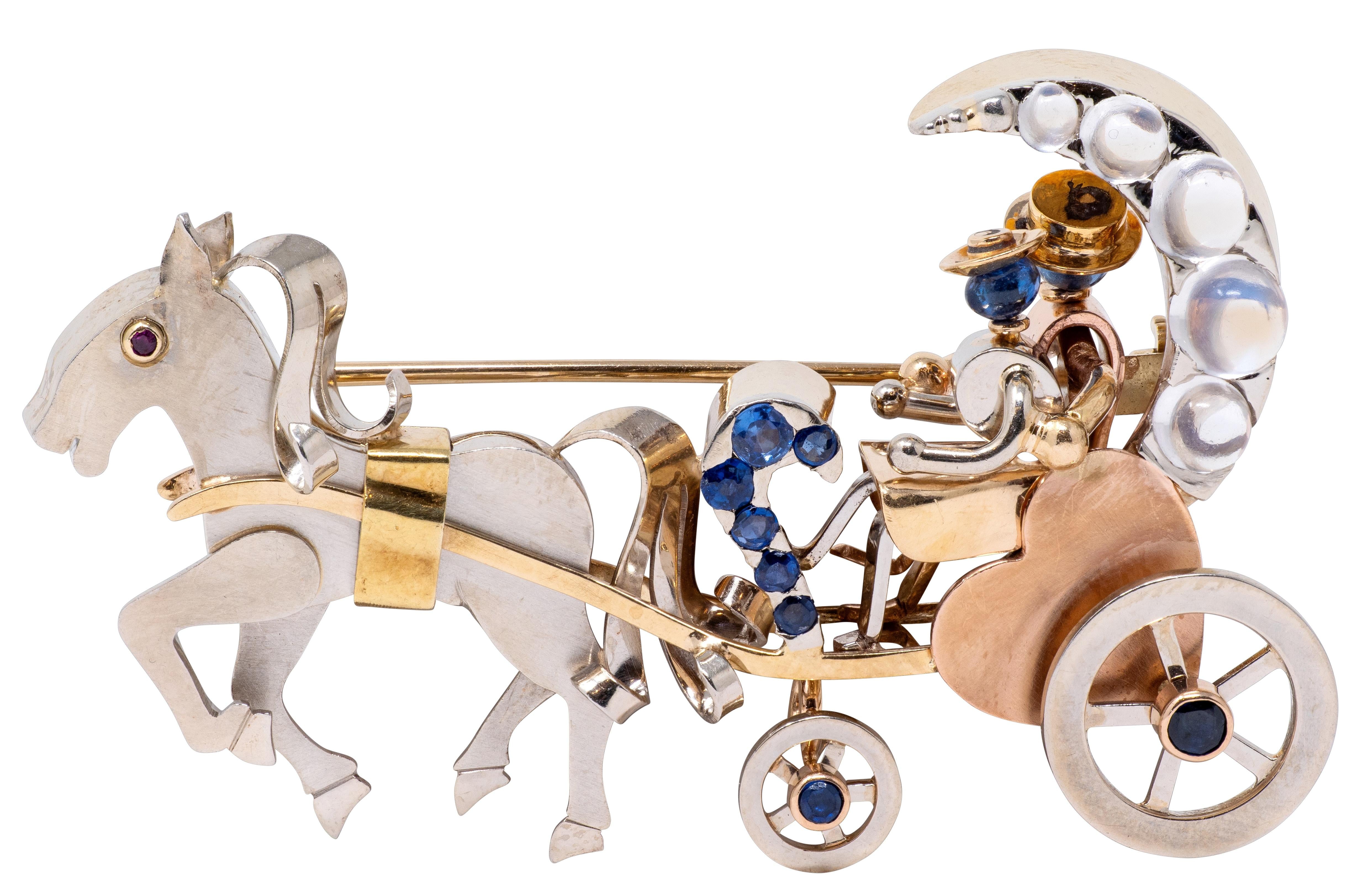 Retro Ruby Sapphire Moonstone 14 Karat Tri-Gold Vintage Horse Carriage Brooch