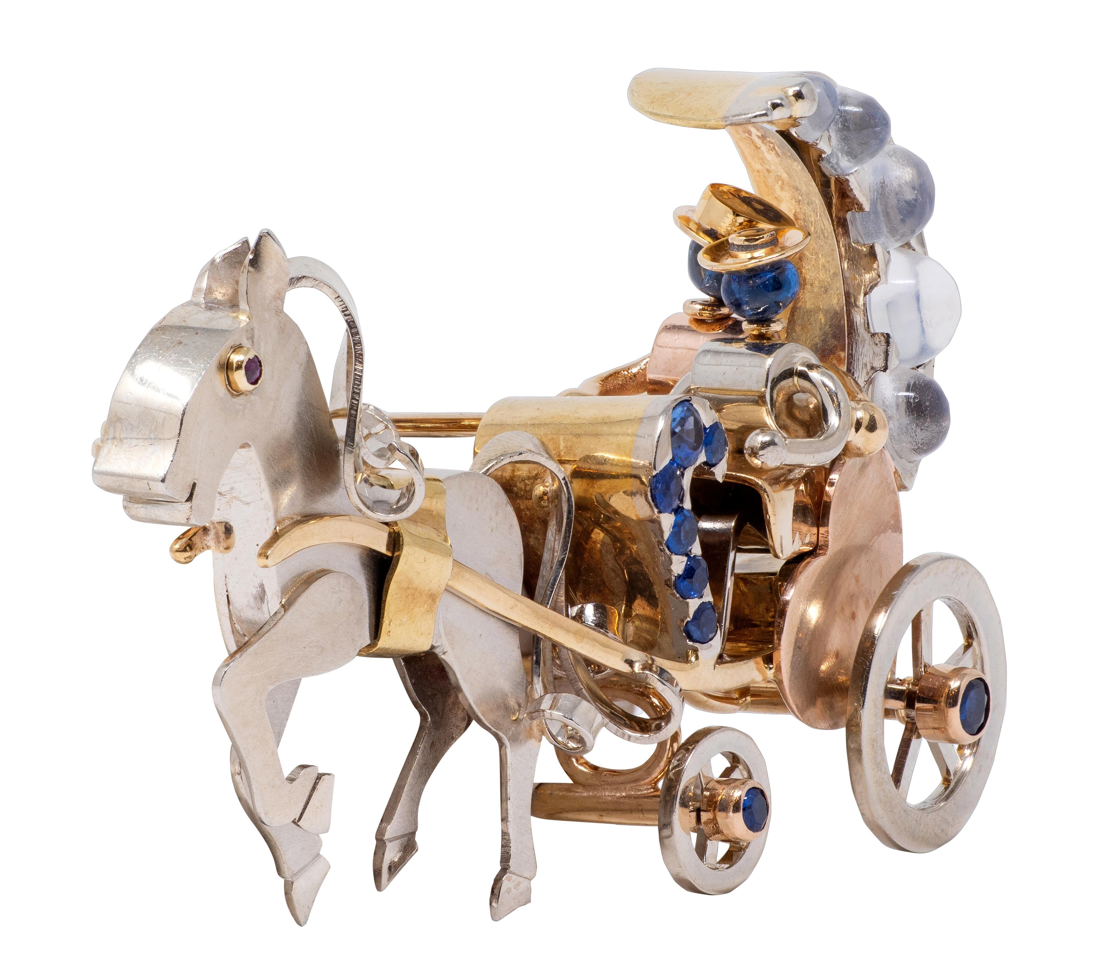 Retro Ruby Sapphire Moonstone 14 Karat Tri-Gold Vintage Horse Carriage Brooch