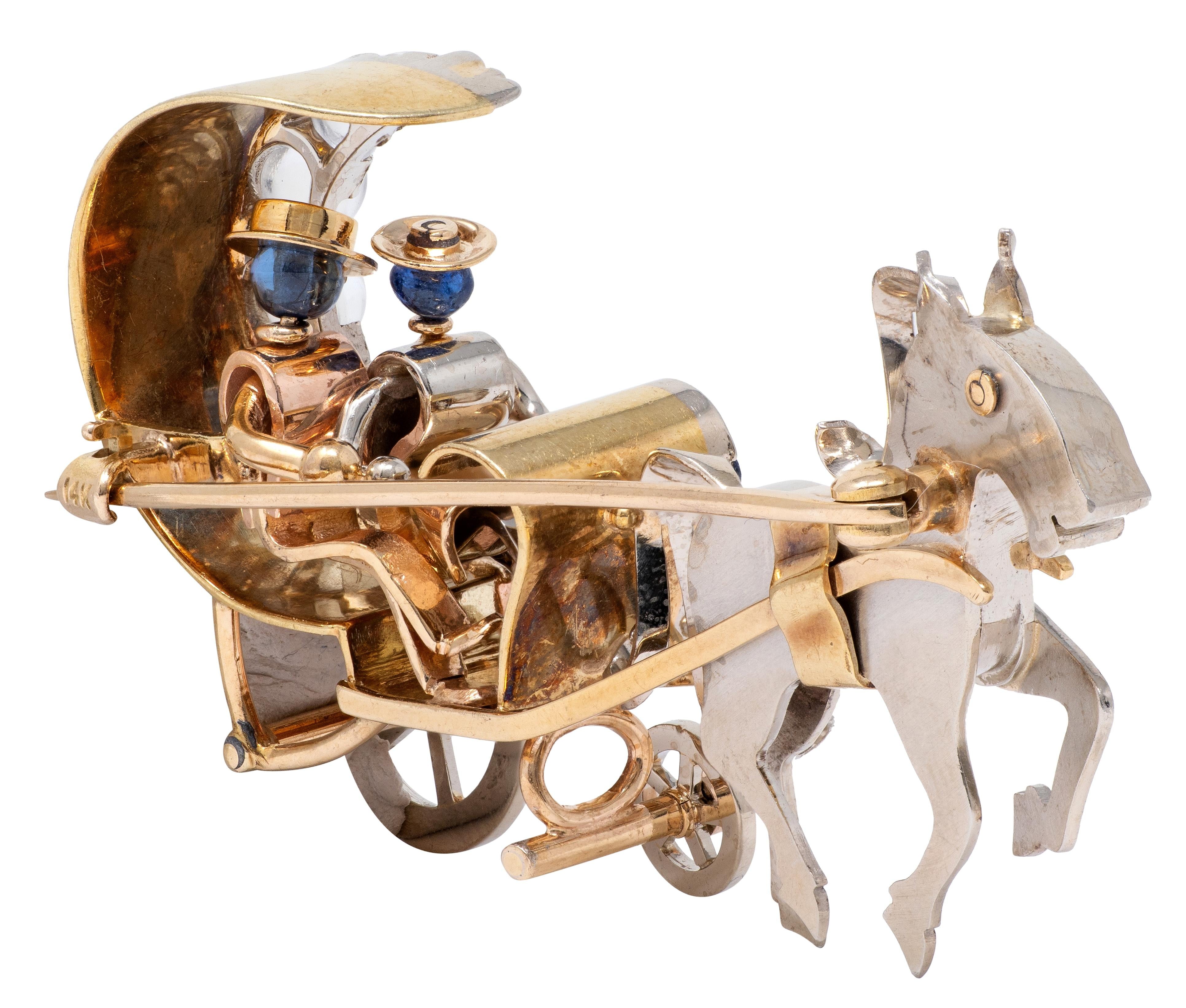 Retro Ruby Sapphire Moonstone 14 Karat Tri-Gold Vintage Horse Carriage Brooch