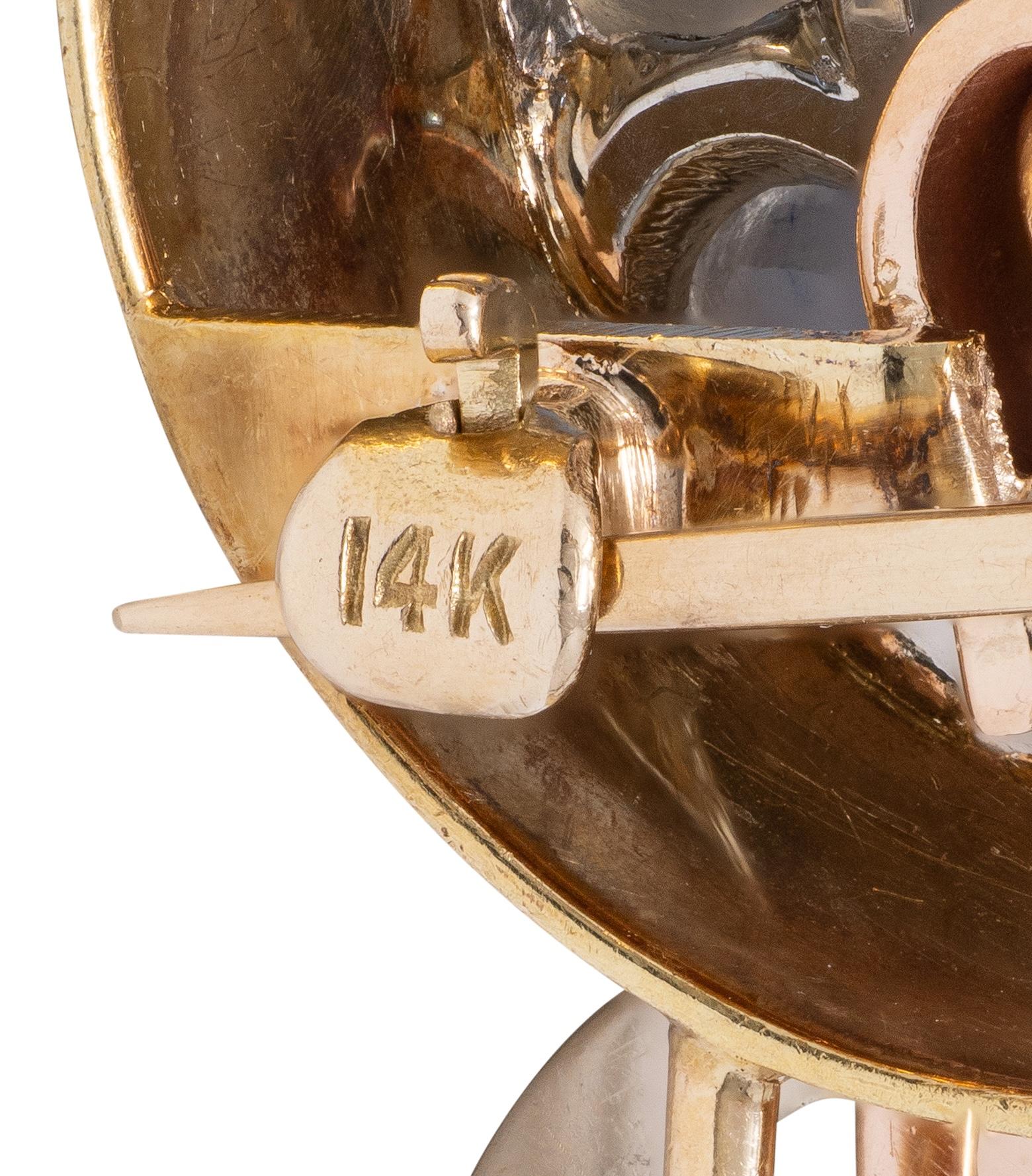 Retro Ruby Sapphire Moonstone 14 Karat Tri-Gold Vintage Horse Carriage Brooch