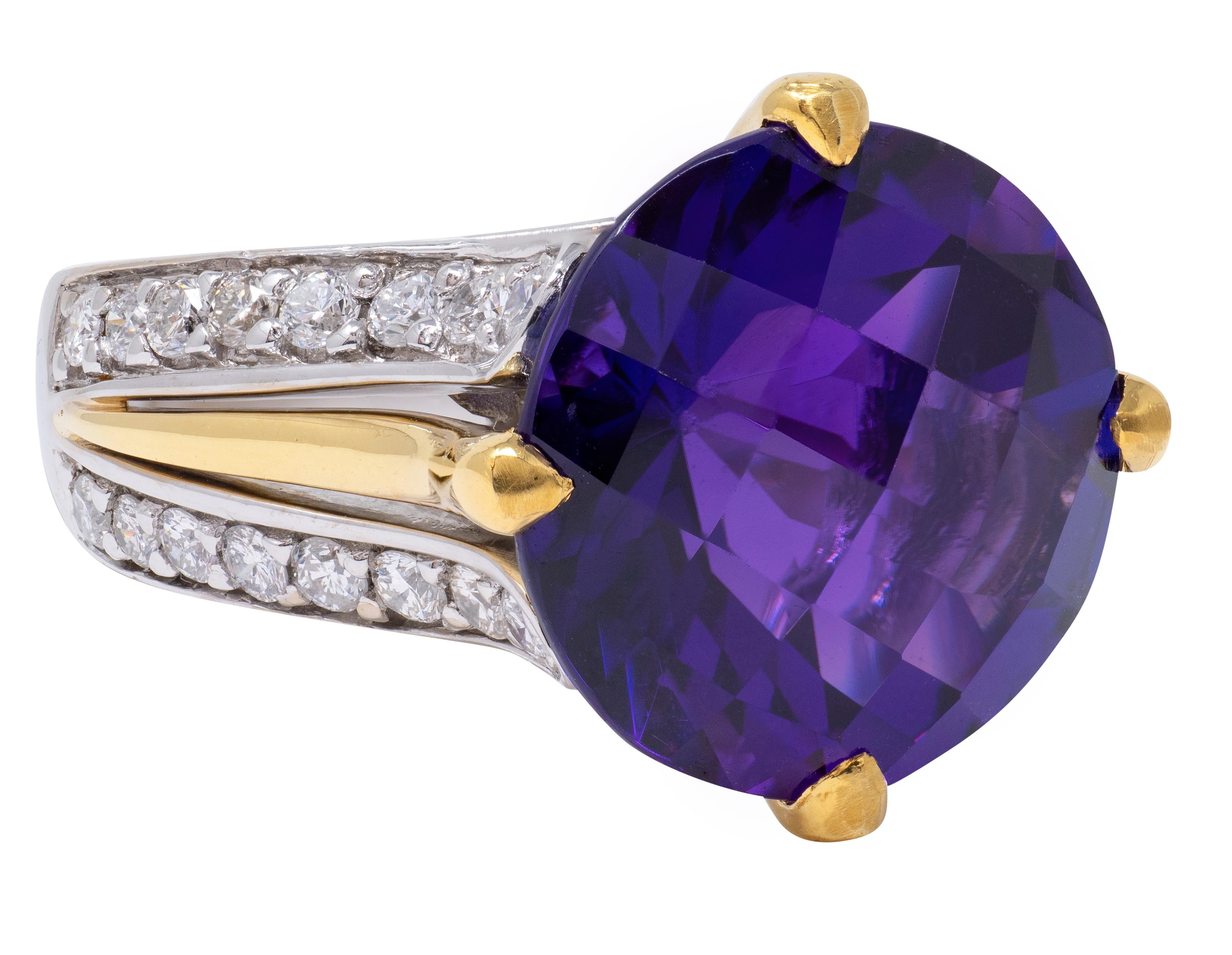 2000's Amethyst Diamond 18 Karat Two-Tone Gold Checkerboard Cocktail Ring