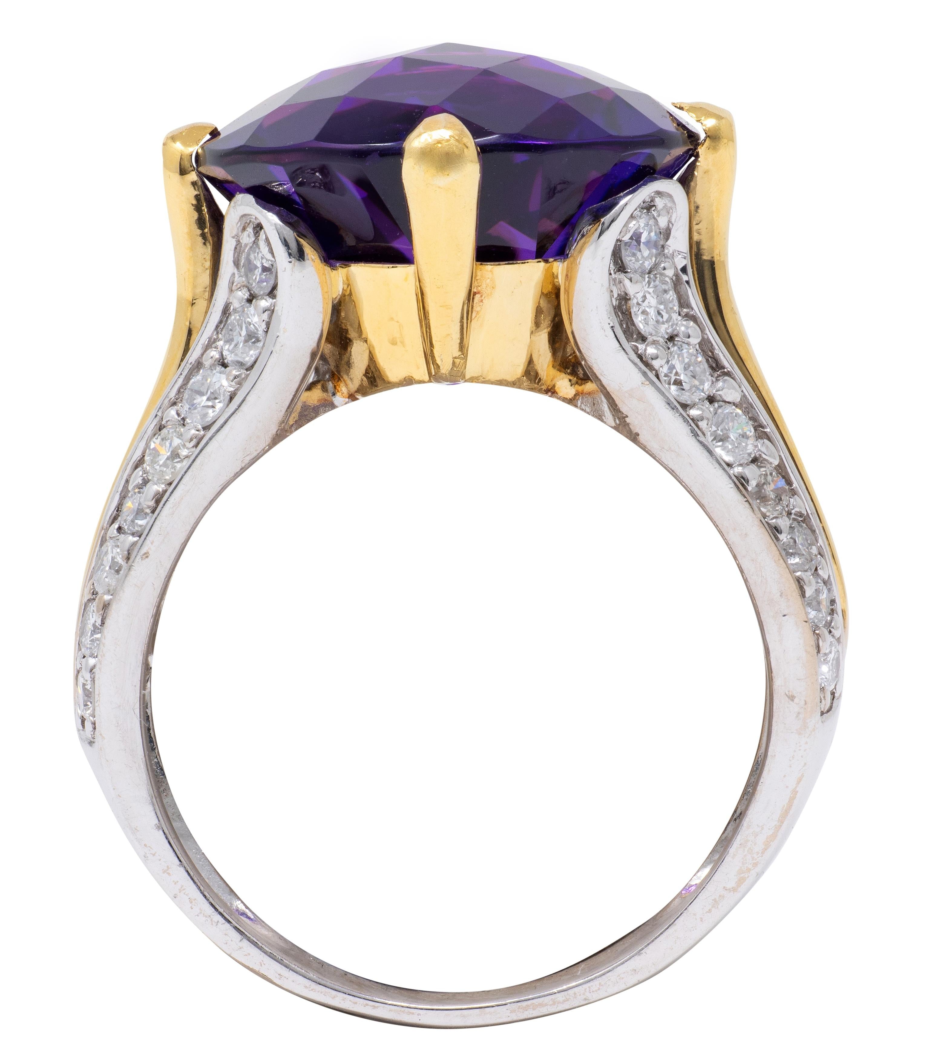 2000's Amethyst Diamond 18 Karat Two-Tone Gold Checkerboard Cocktail Ring