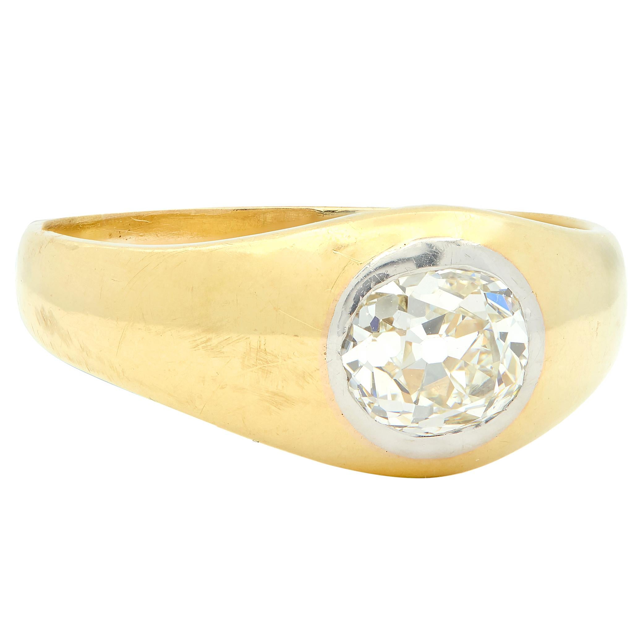 Early Art Deco 1.35 CT Old Mine Cut Diamond 18K Yellow Gold Antique Gypsy Ring