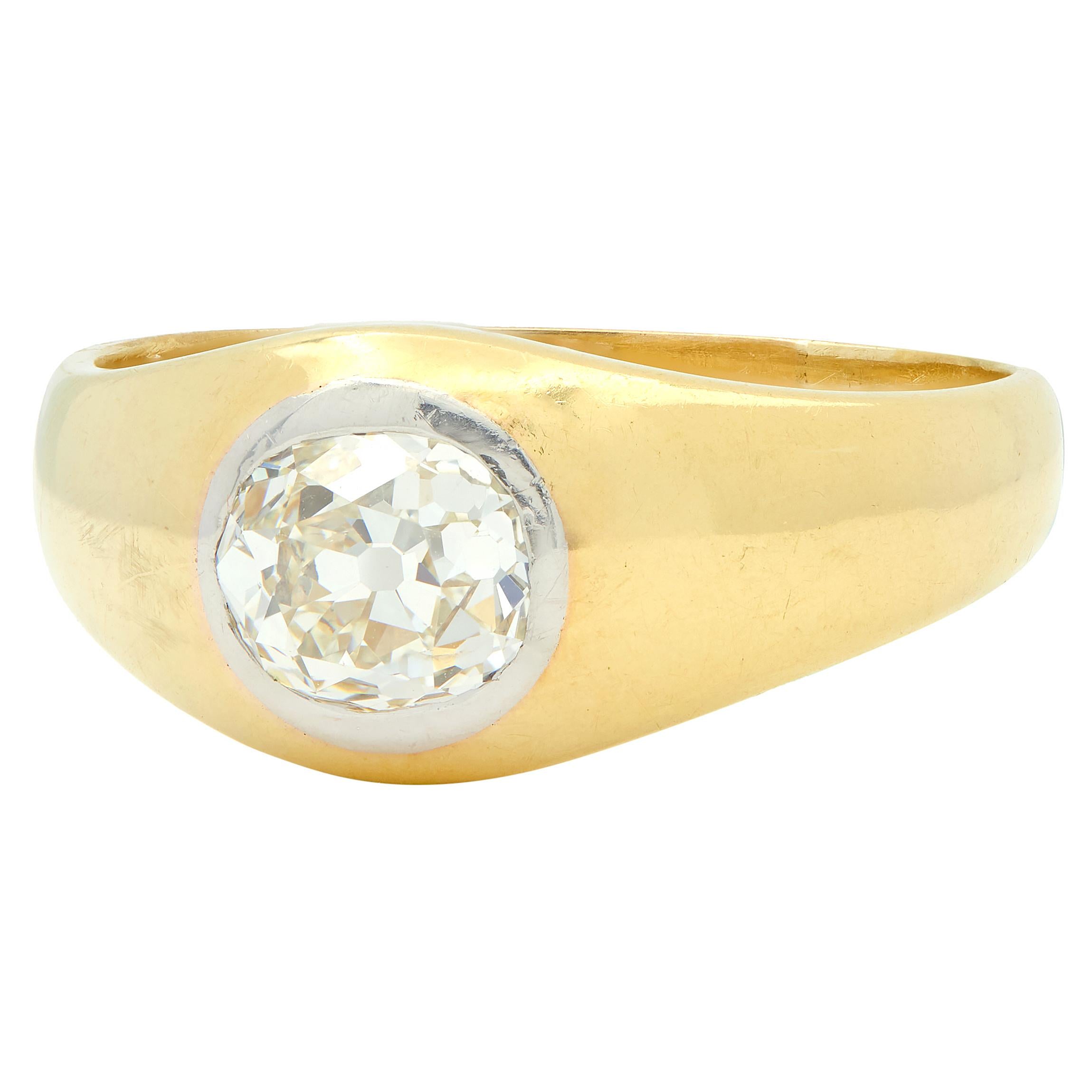 Early Art Deco 1.35 CT Old Mine Cut Diamond 18K Yellow Gold Antique Gypsy Ring