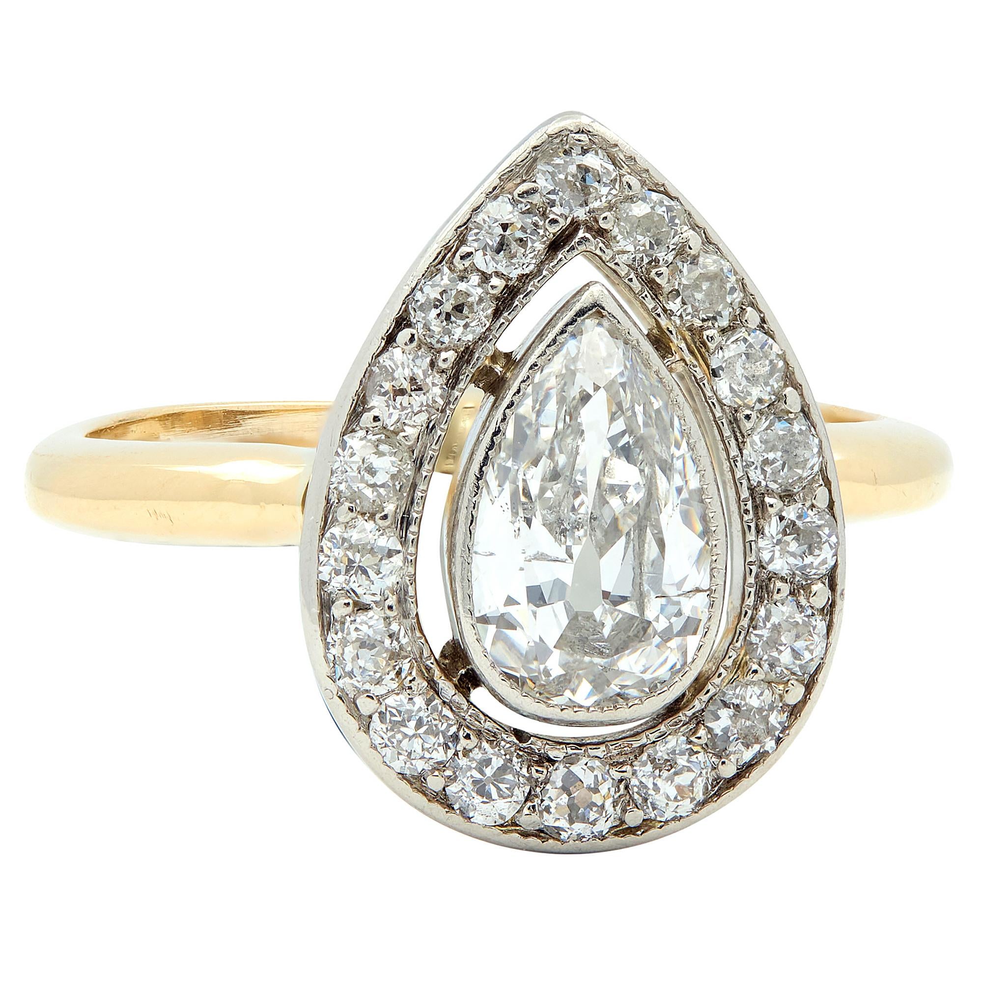 Edwardian 1.27 CTW Pear Cut Diamond Platinum 14K Gold Antique Floating Halo Ring