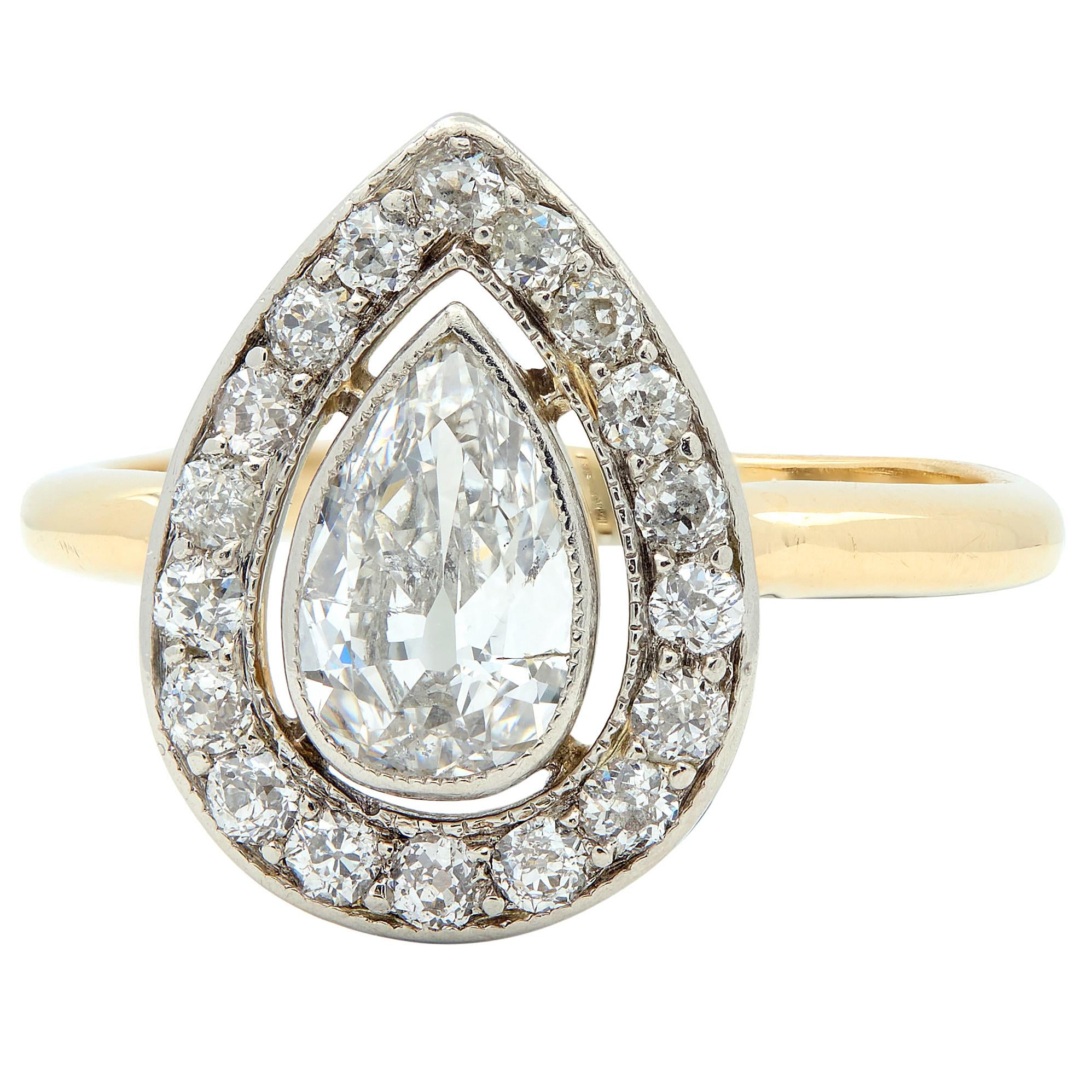 Edwardian 1.27 CTW Pear Cut Diamond Platinum 14K Gold Antique Floating Halo Ring