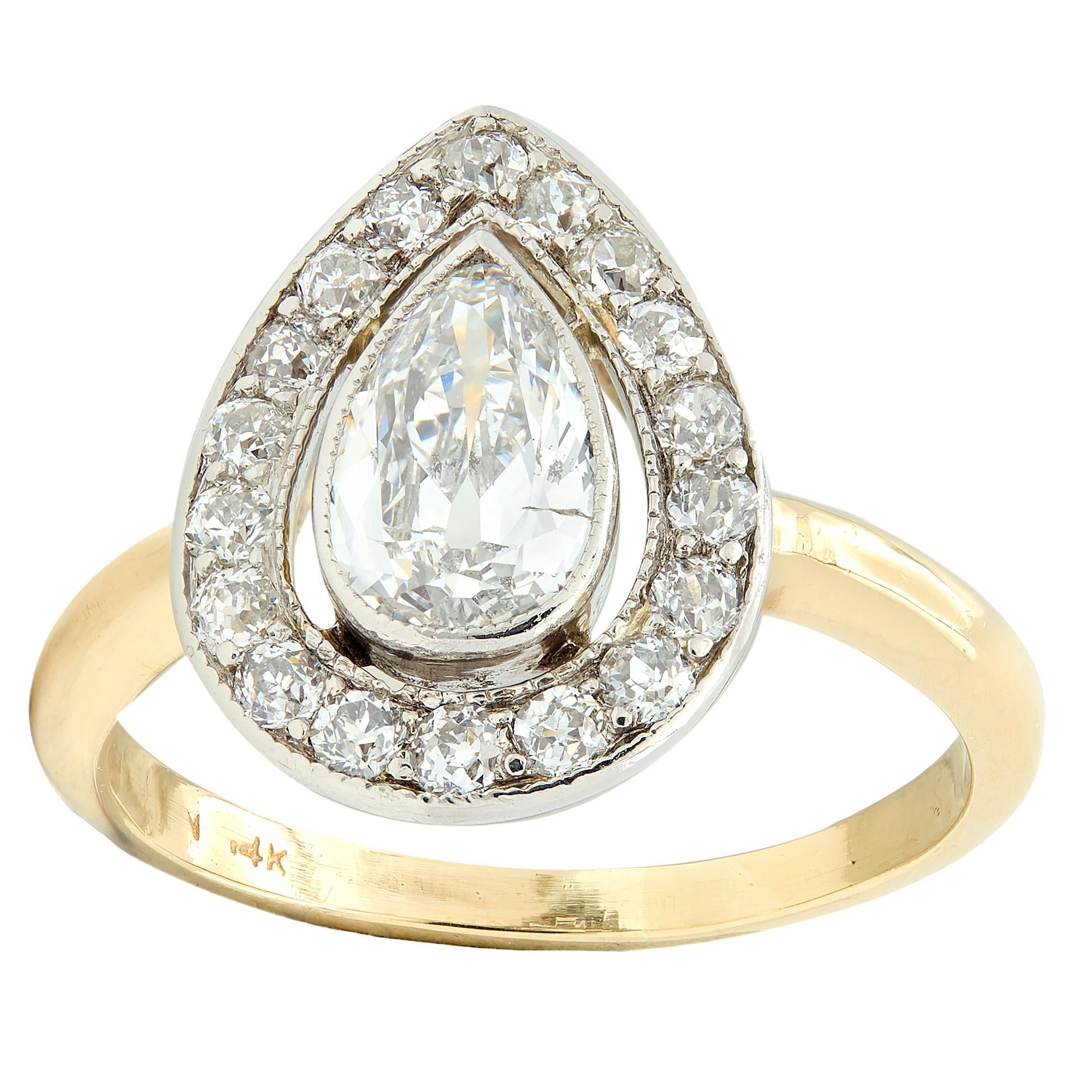 Edwardian 1.27 CTW Pear Cut Diamond Platinum 14K Gold Antique Floating Halo Ring