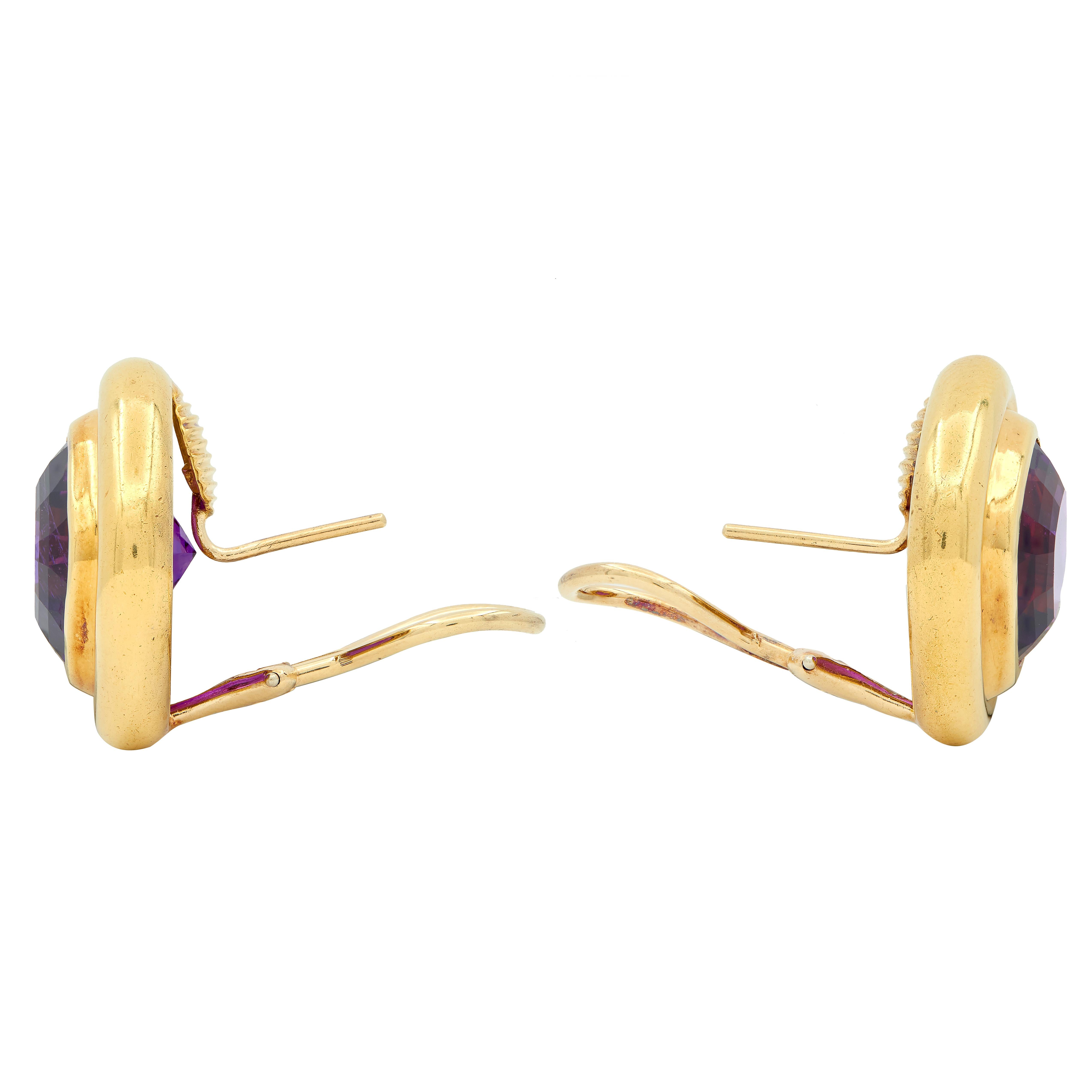 1980's Amethyst 14 Karat Yellow Gold Vintage Cushion Earrings