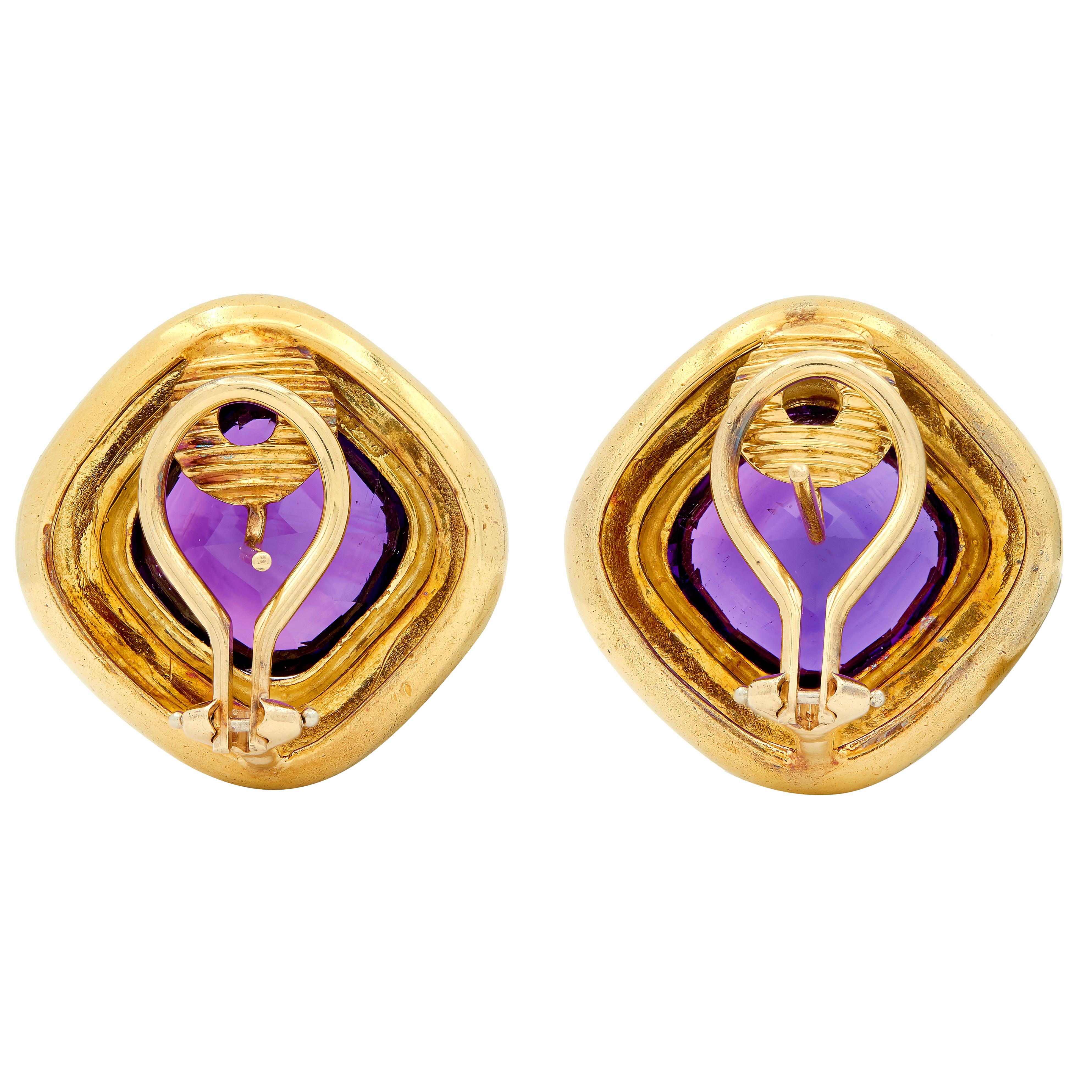 1980's Amethyst 14 Karat Yellow Gold Vintage Cushion Earrings