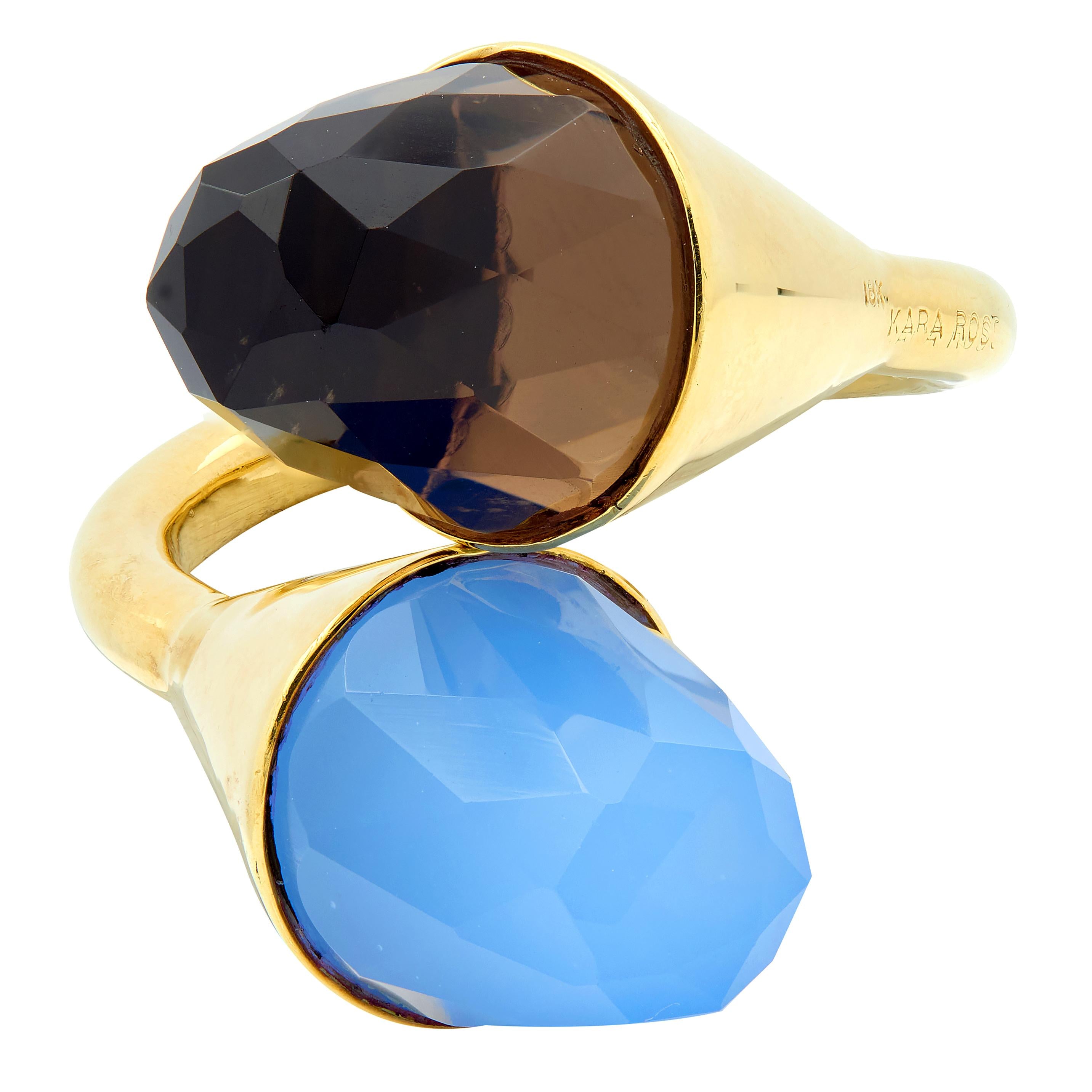 Contemporary Blue Chalcedony Smoky Quartz 18K Yellow Gold Bypass Ring