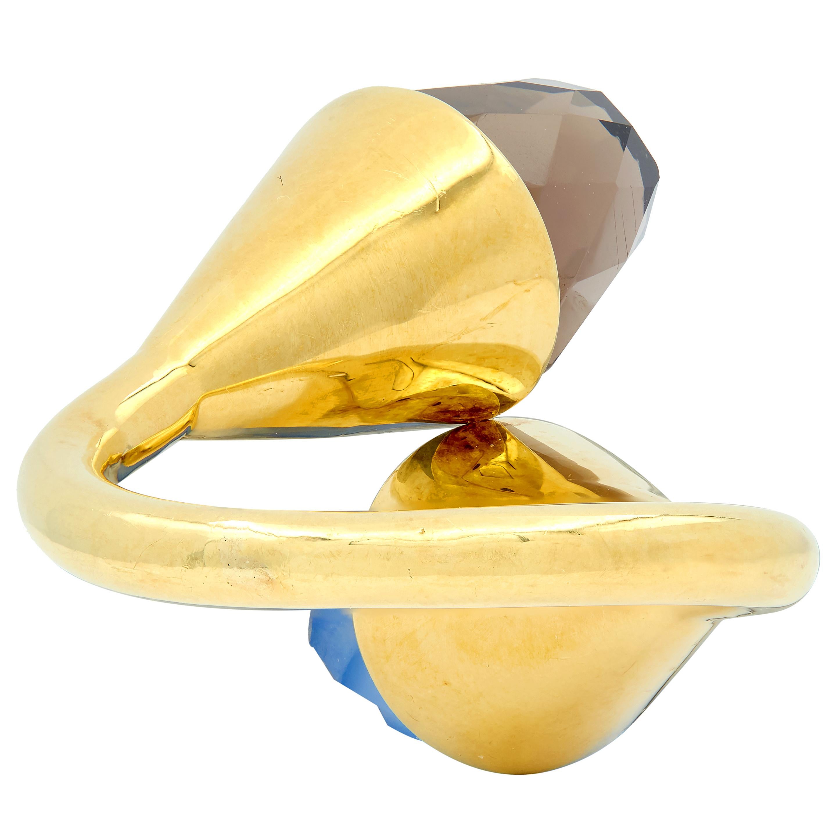 Contemporary Blue Chalcedony Smoky Quartz 18K Yellow Gold Bypass Ring