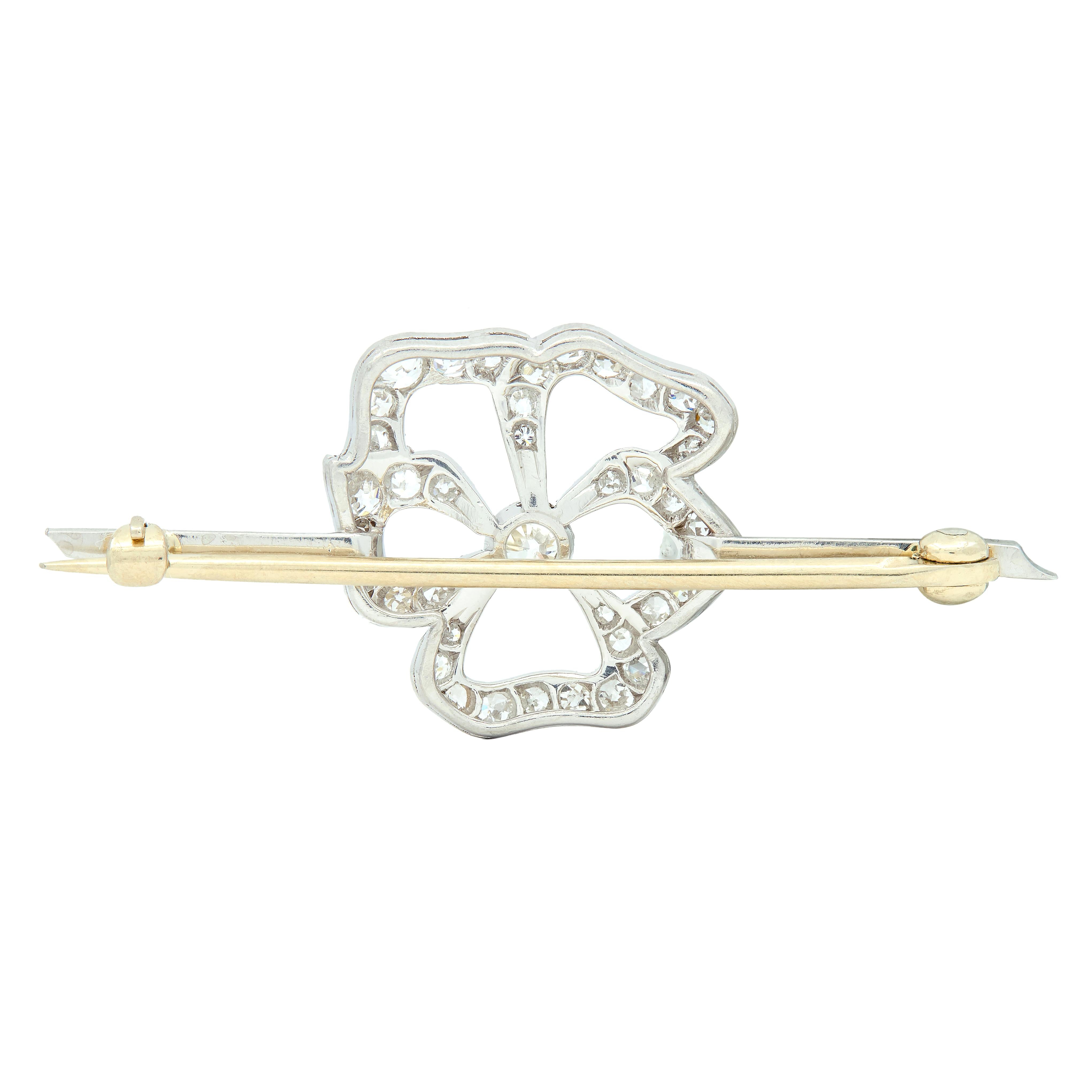 Art Deco Diamond Platinum Pansy Flower Vintage Bar Brooch