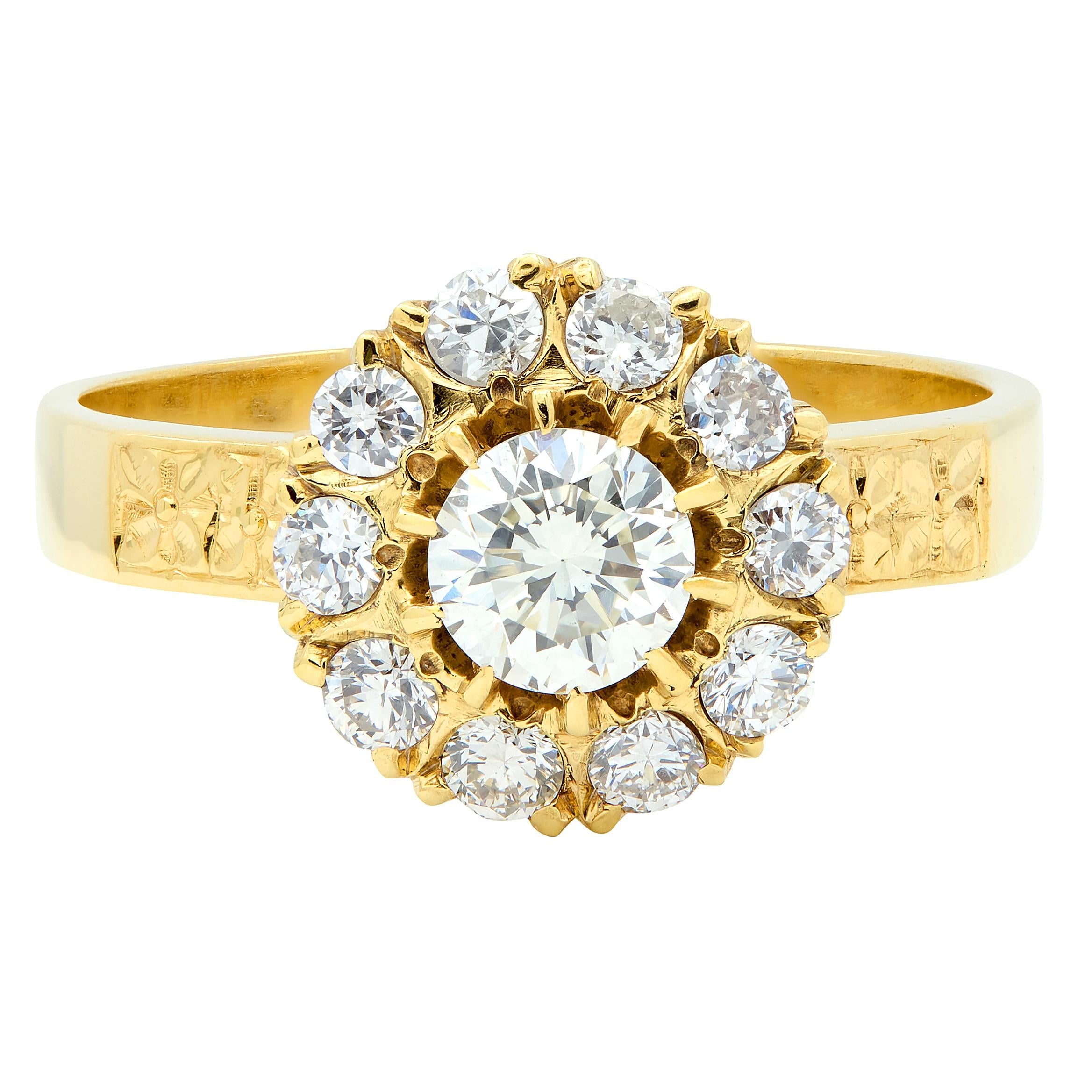 Art Deco Diamond 14 Karat Yellow Gold Floral Cluster Vintage Engagement Ring
