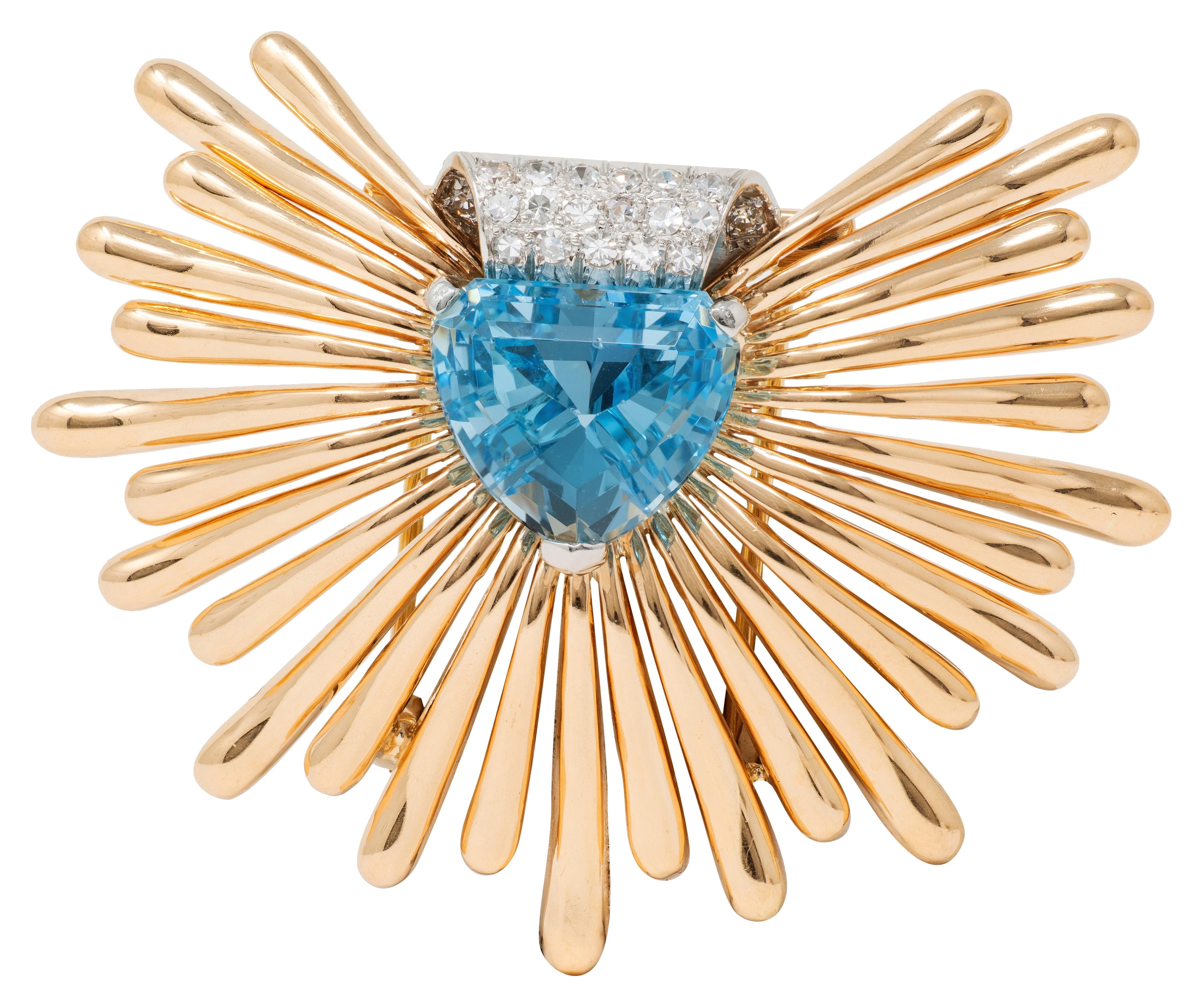 Retro 1940's Aquamarine Diamond Platinum 14K Yellow Gold Vintage Fanning Brooch