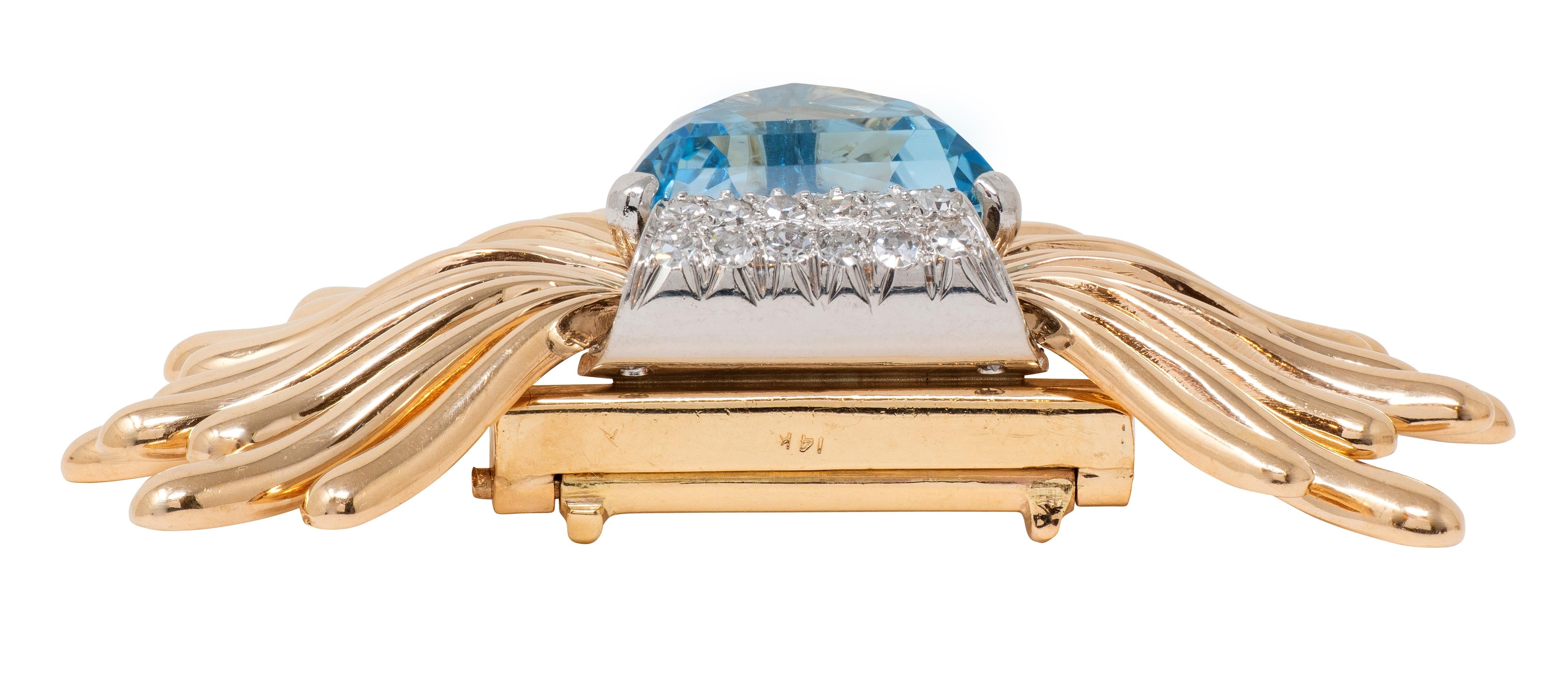 Retro 1940's Aquamarine Diamond Platinum 14K Yellow Gold Vintage Fanning Brooch