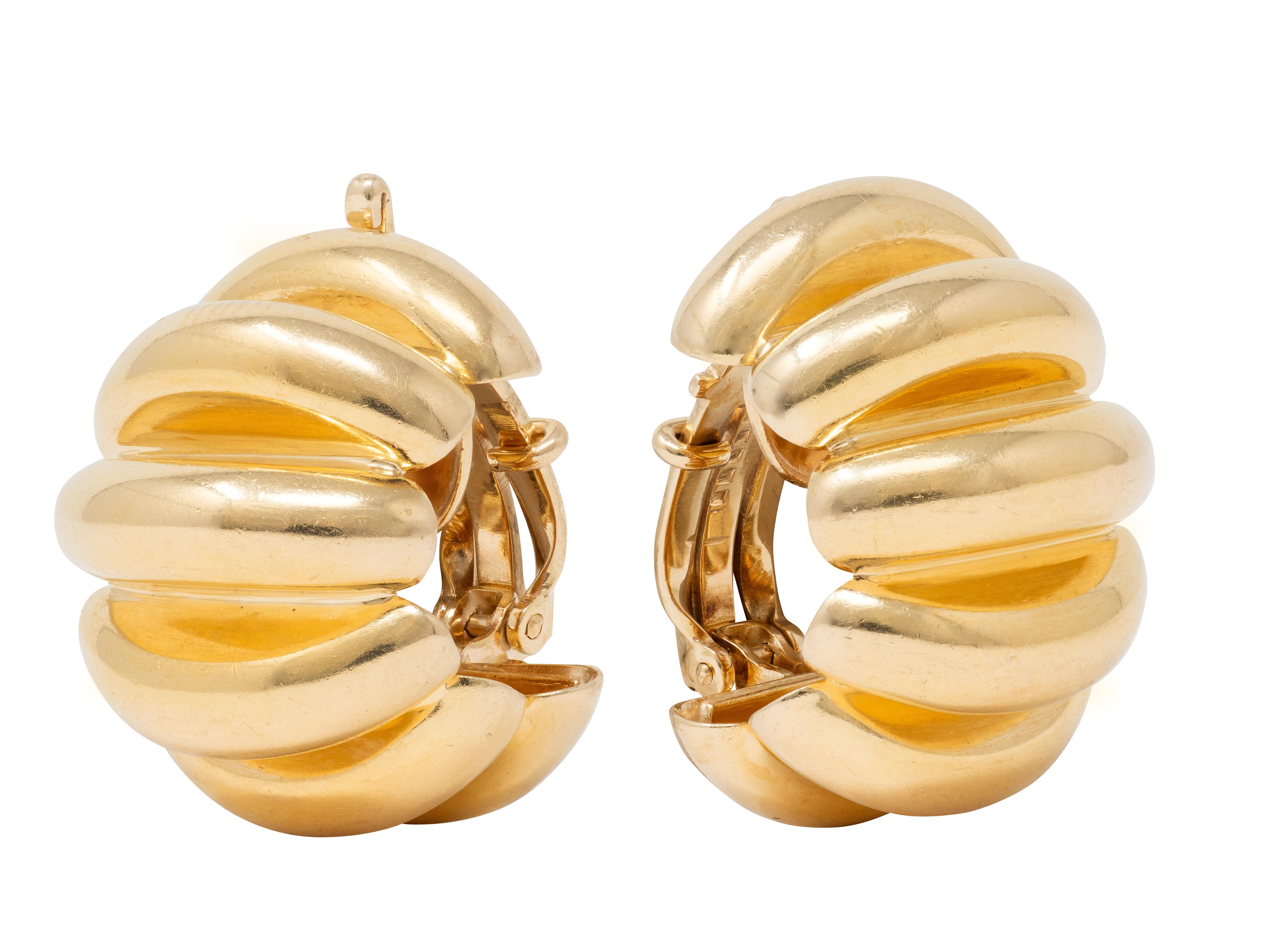 Tiffany & Co. 1960 14 Karat Yellow Gold Vintage Fluted Ear-Clip J-Hoop Earrings