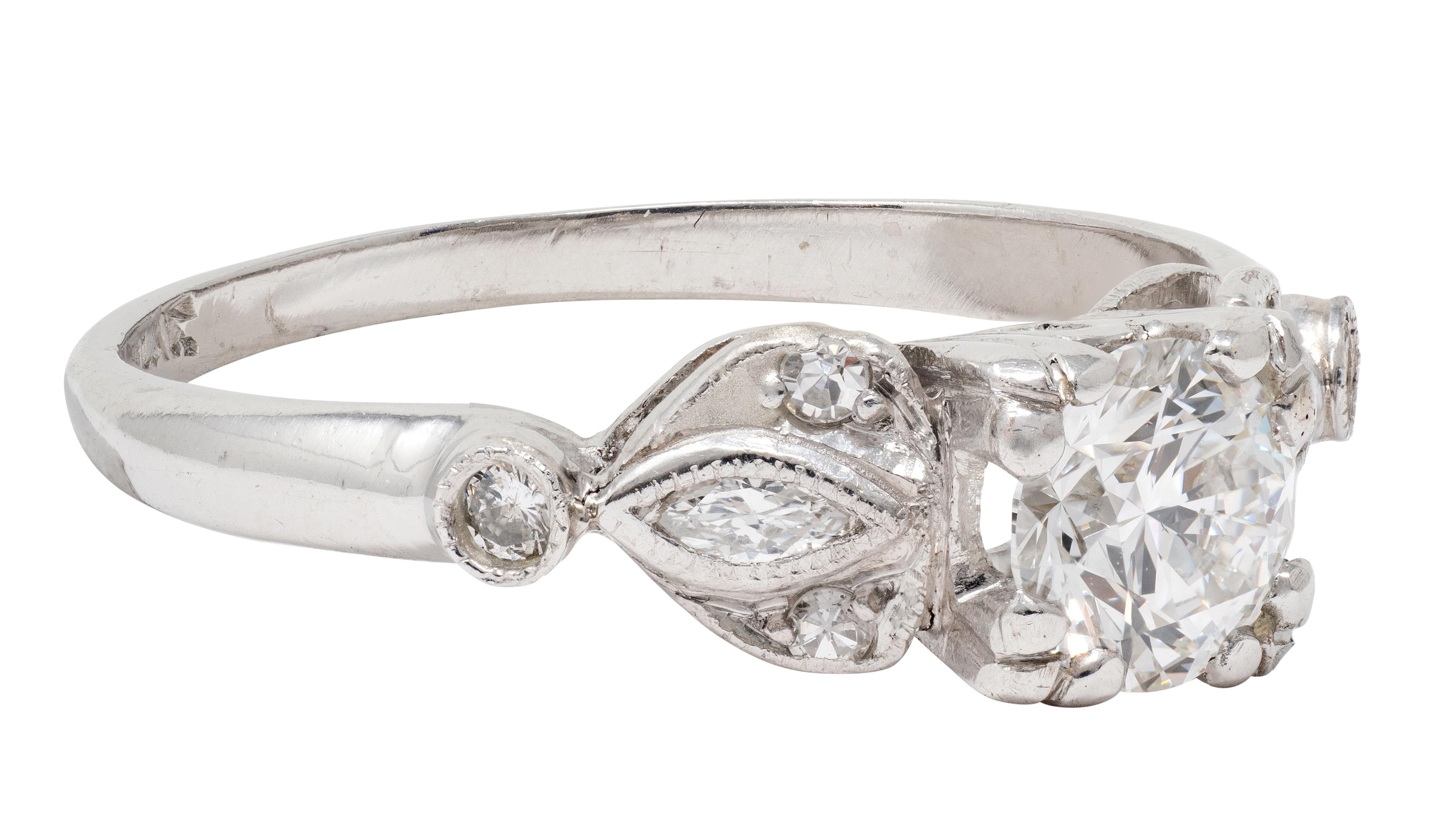 Late Art Deco Transitional Cut Diamond Platinum Vintage Lotus Engagement Ring