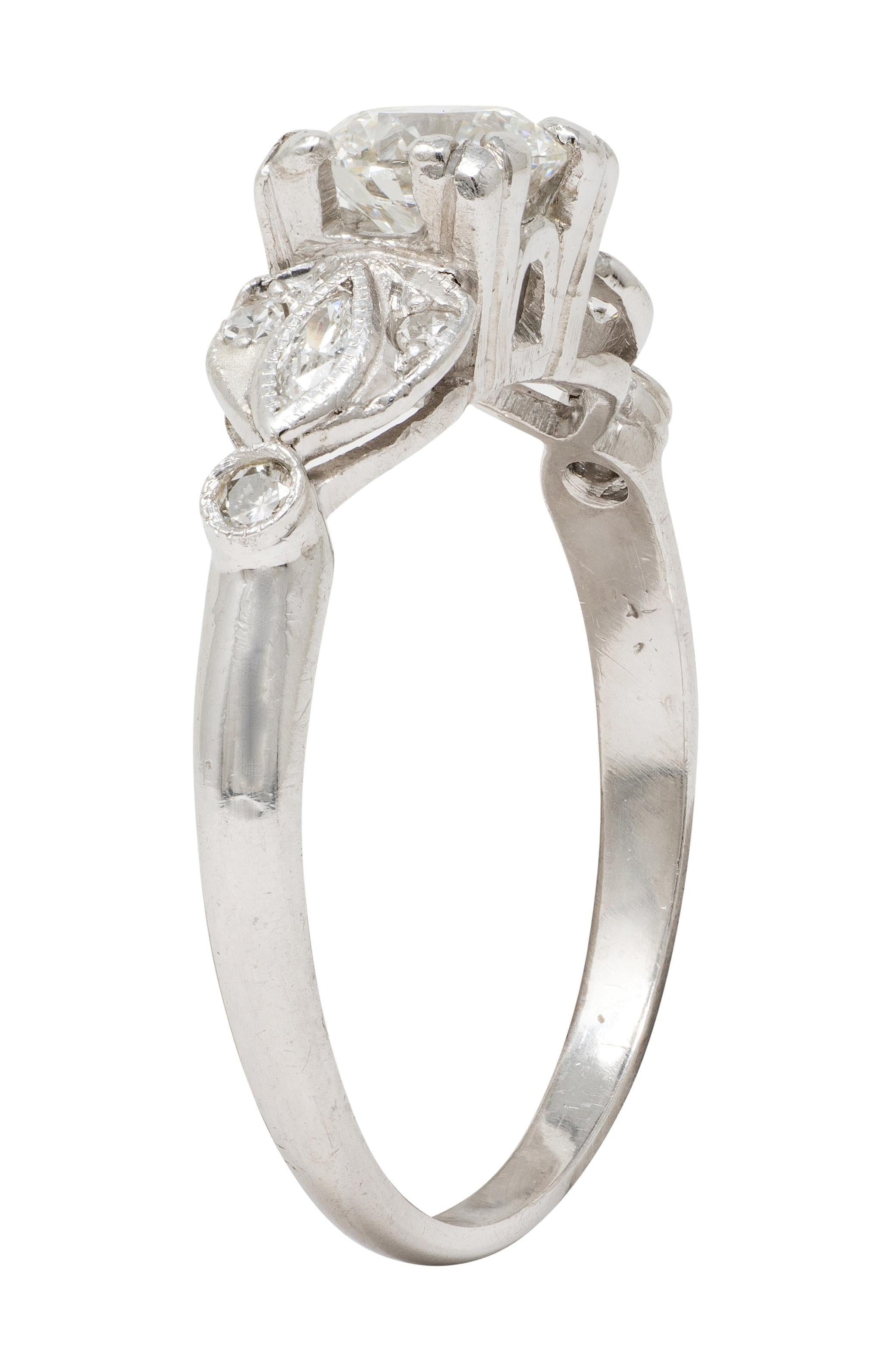 Late Art Deco Transitional Cut Diamond Platinum Vintage Lotus Engagement Ring