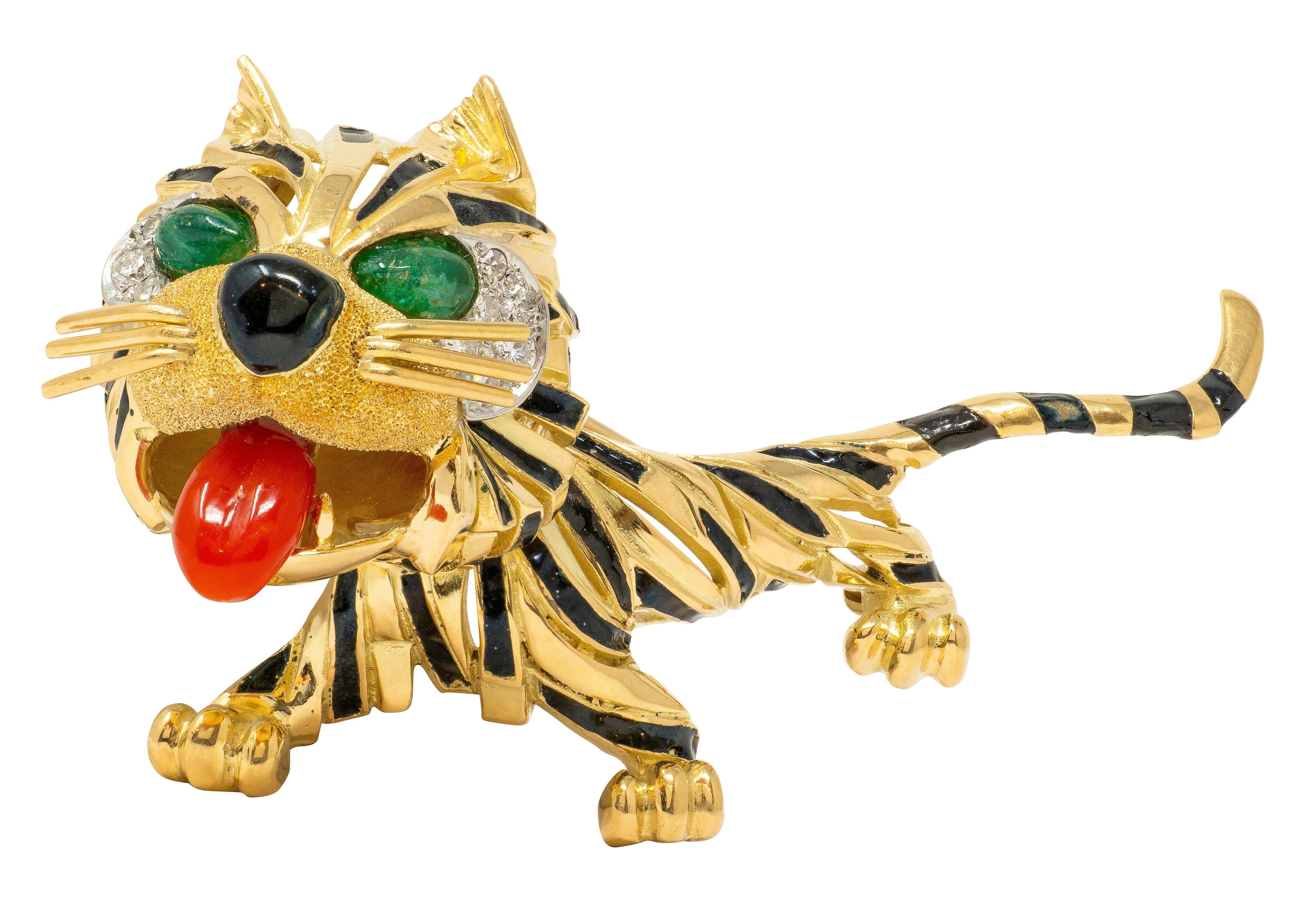 Van Cleef & Arpels Emerald Diamond Enamel 18K Yellow Gold Vintage Tiger Brooch