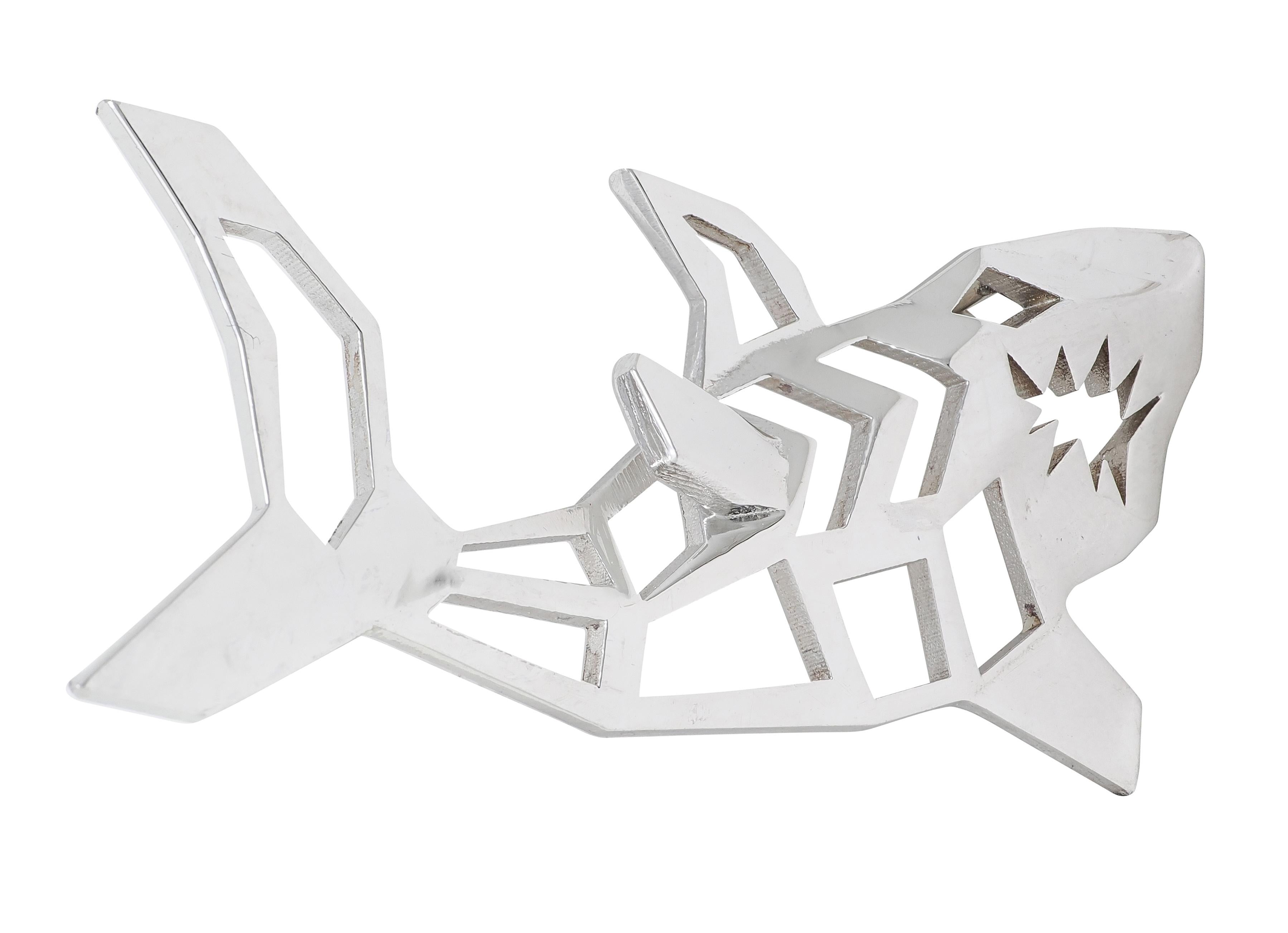 BRASH Platinum Faceted Geometric GEO Shark Unisex Brooch Pin