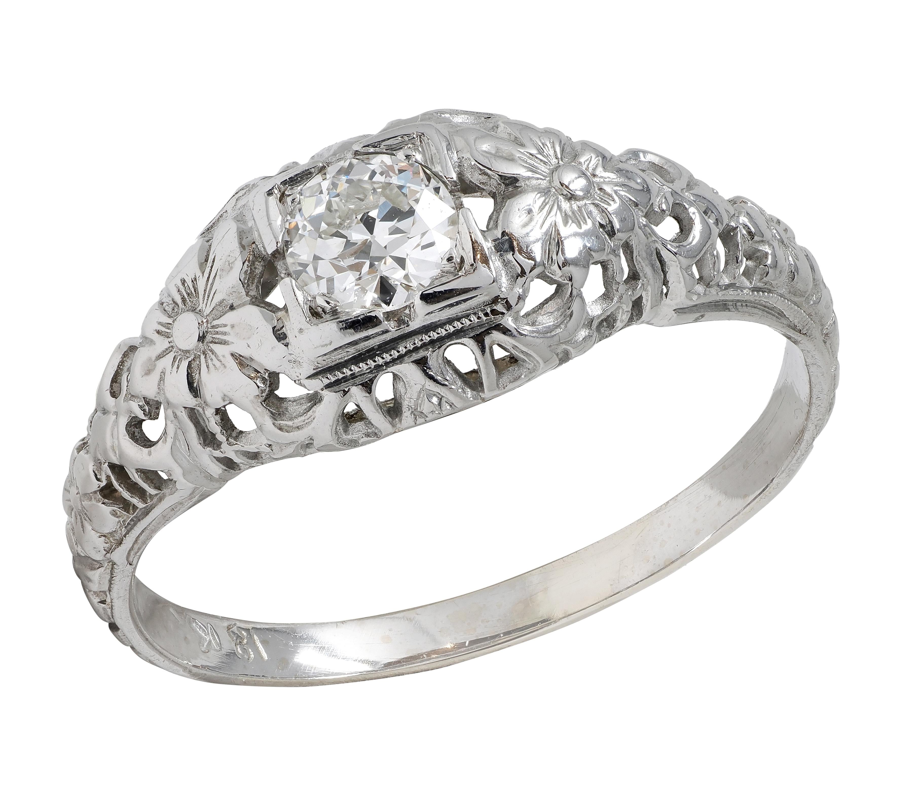 Art Deco Old European Diamond 18K Gold Orange Blossom Vintage Engagement Ring