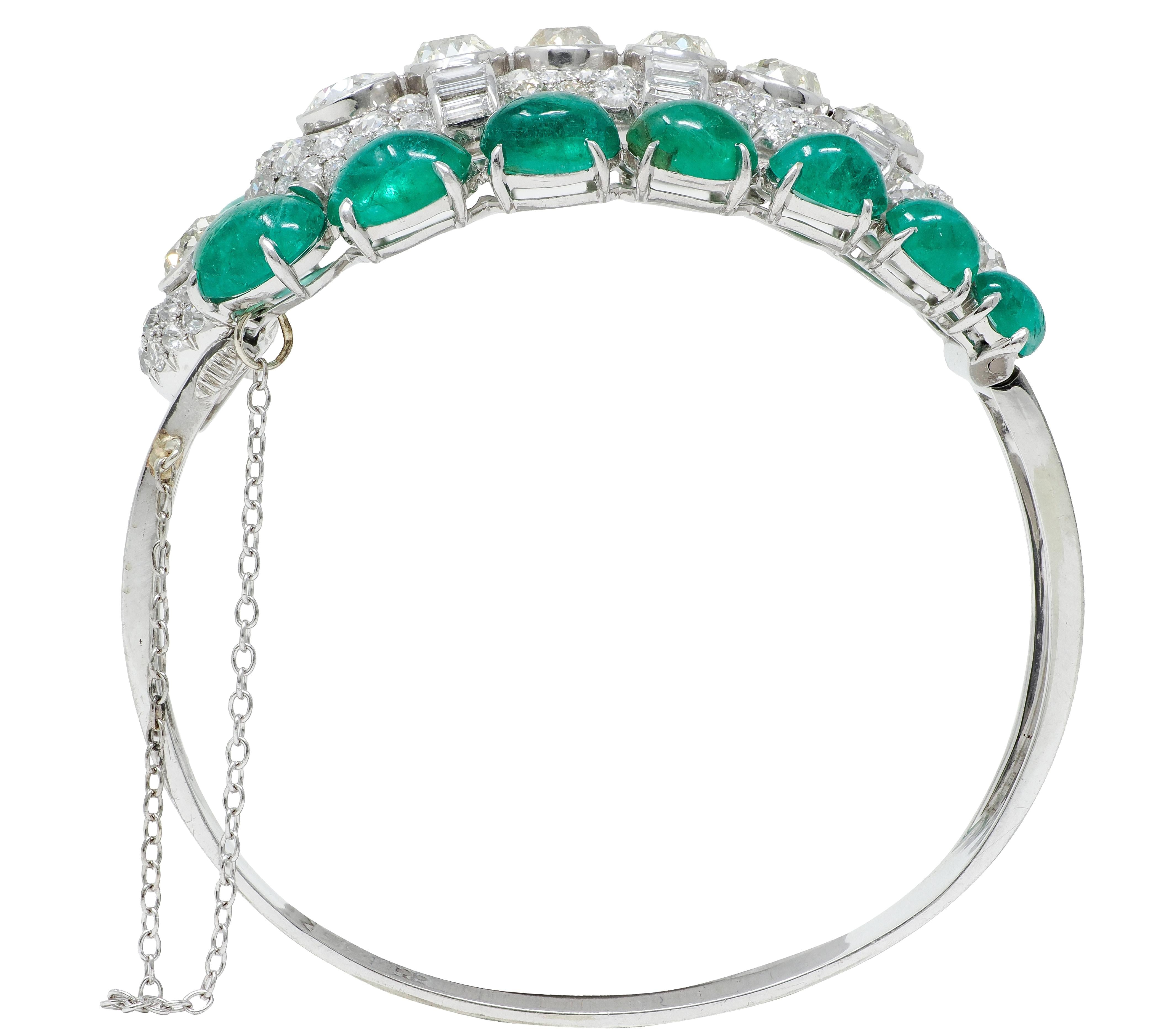 Art Deco 40.30 CTW Diamond Emerald Platinum 14K Gold Vintage Bangle Bracelet