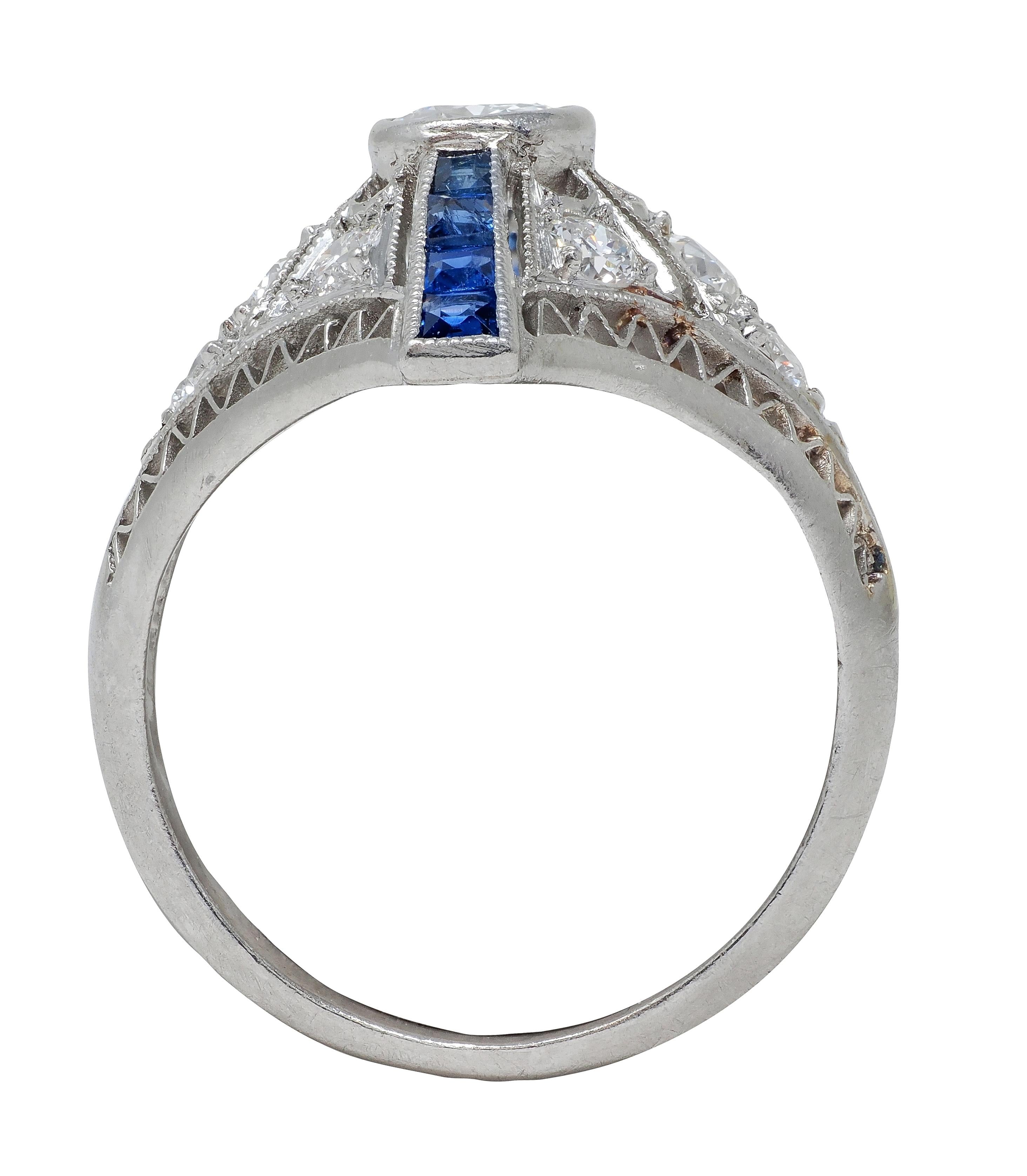 Art Deco Sapphire Diamond Platinum Vintage Zig-Zag Navette Dinner Ring