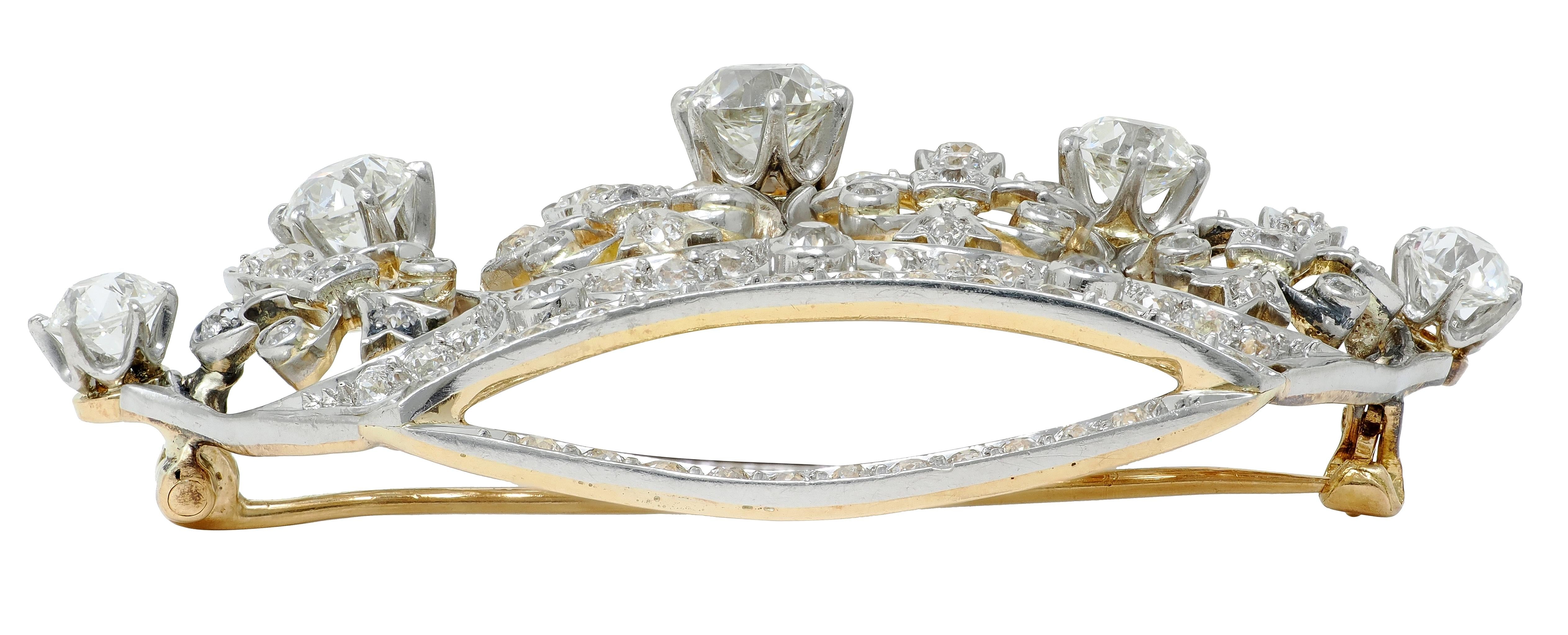 Edwardian 5.15 CTW Diamond Platinum-Topped 18K Yellow Gold Antique Crown Brooch
