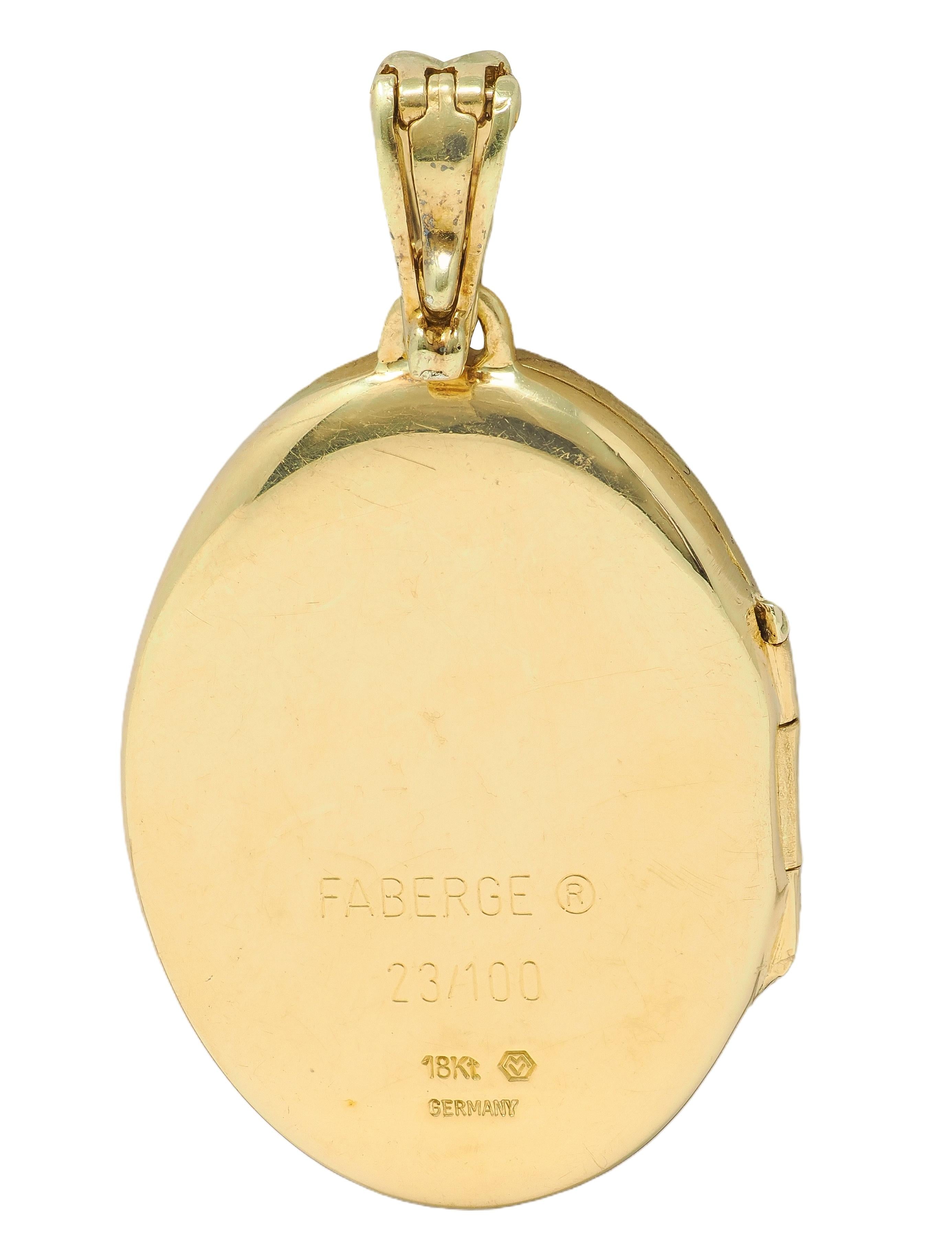 Fabergé Diamond Enamel 18K Gold Fleur-De-Lis Guilloche Locket Pendant